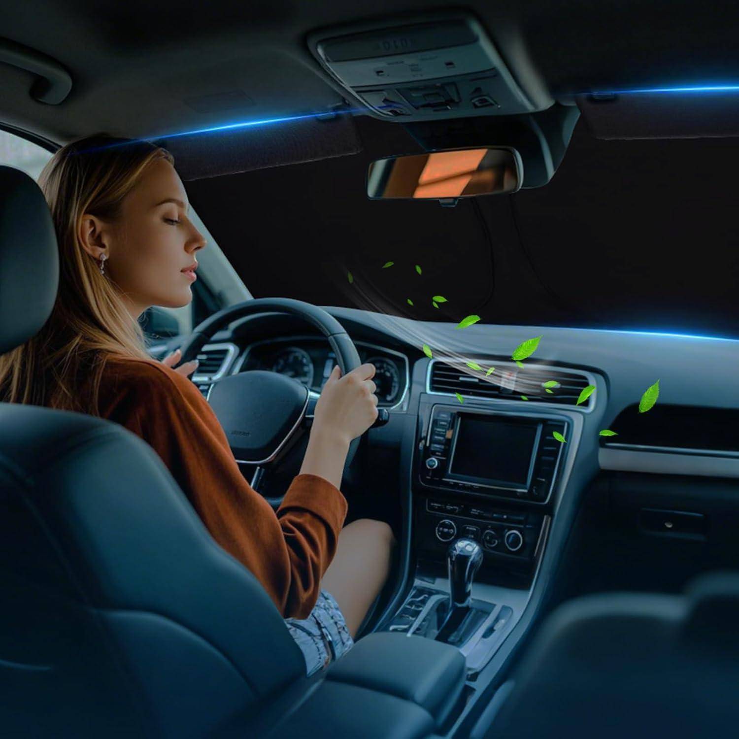 Frau, die ein Auto mit blauer Umgebungsbeleuchtung und grünen Blatteffekten fährt, was auf ein sauberes oder umweltfreundliches Bordluftversorgungssystem hindeutet.