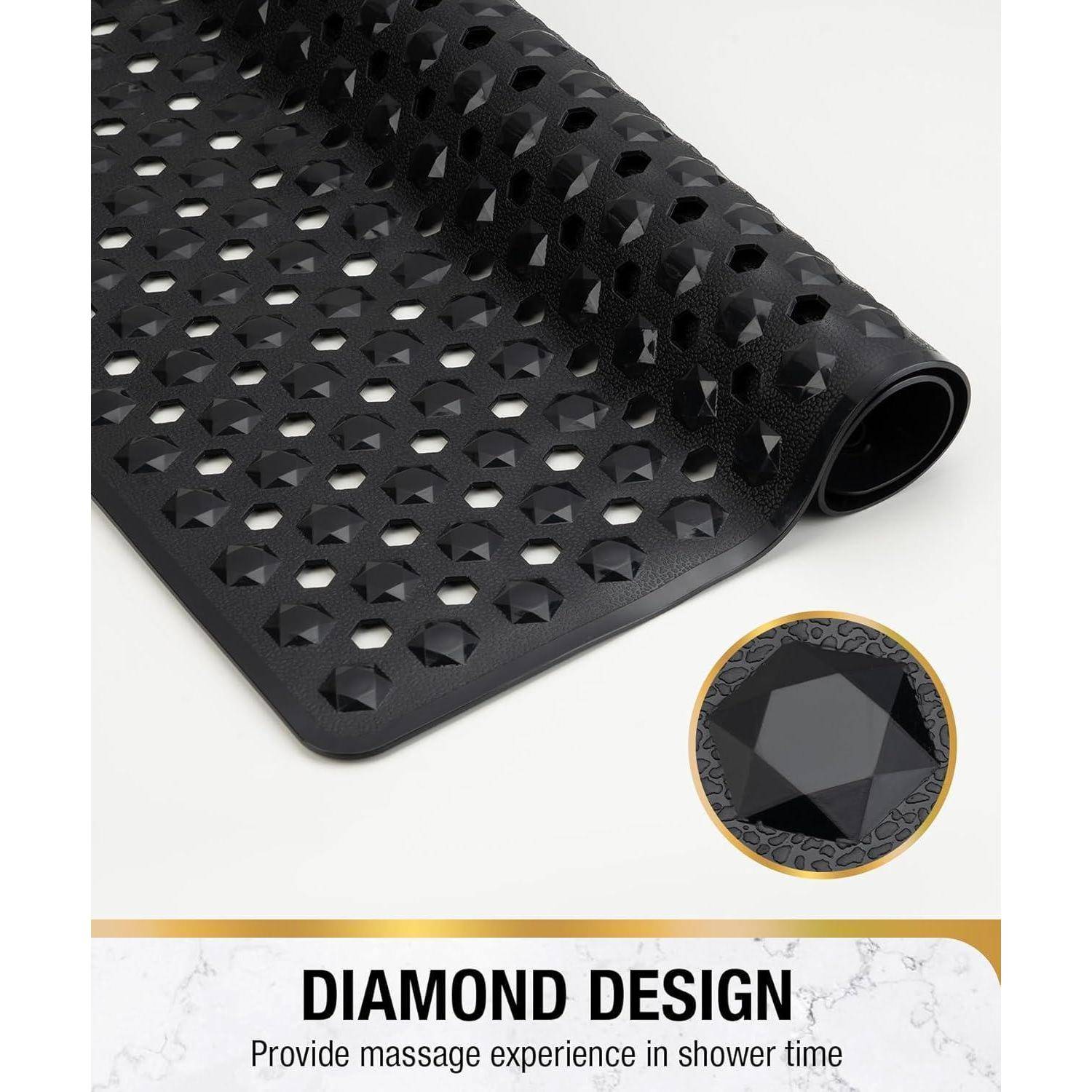 Schwarze perforierte Duschenmatte mit Diamantmuster, beschriftet mit „DIAMOND DESIGN