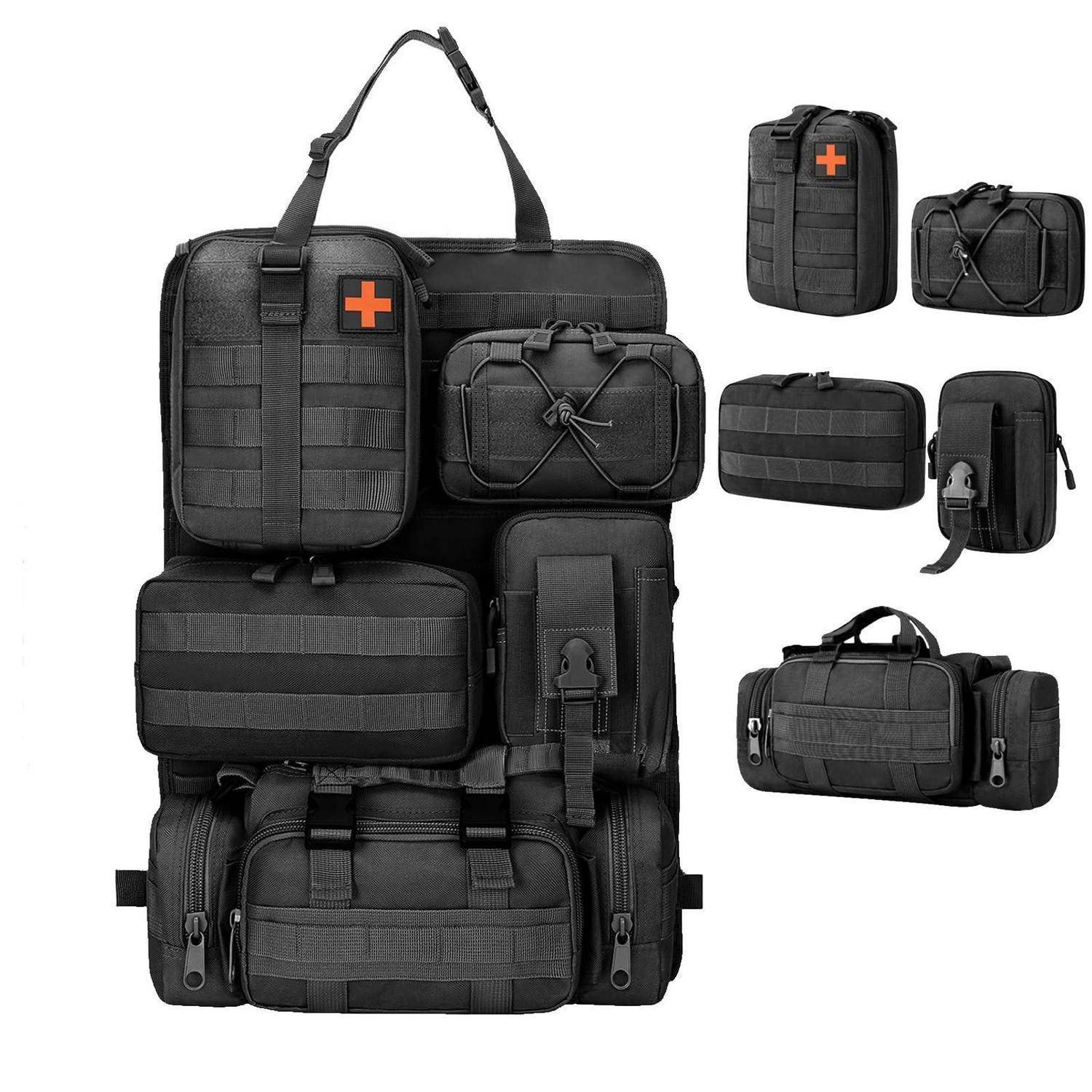 Schwarzes modulares taktisches Sanitätsrucksack-Set mit mehreren abnehmbaren Taschen und einem Schultergurt, angeordnet auf weißem Hintergrund.