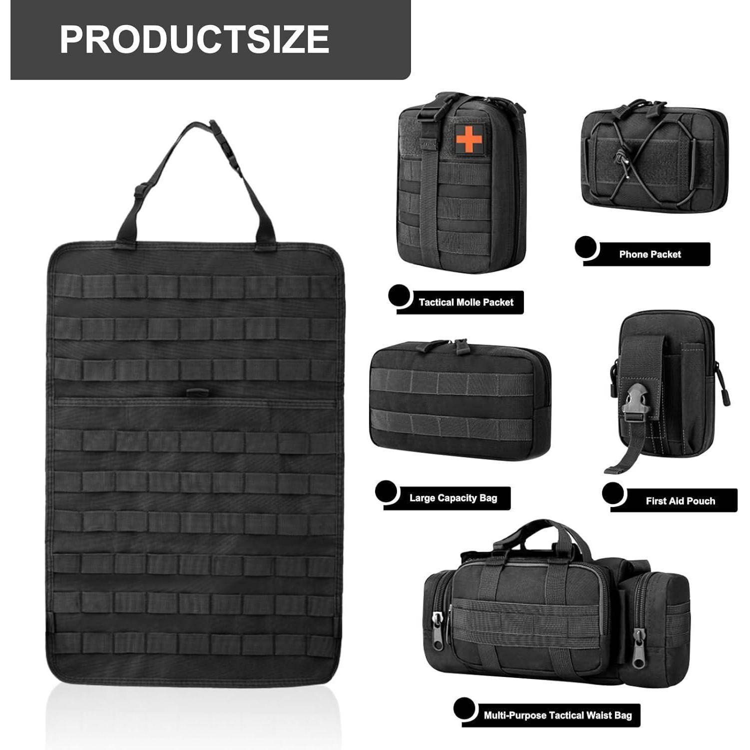 Schwarze Tasche in Produktgröße mit taktischem MOLLE-System, gezeigt mit mehreren Taschen und Verwendungszwecken: Telefonbeutel, Erste-Hilfe-Tasche, Tasche mit großer Kapazität und Hüfttasche.
