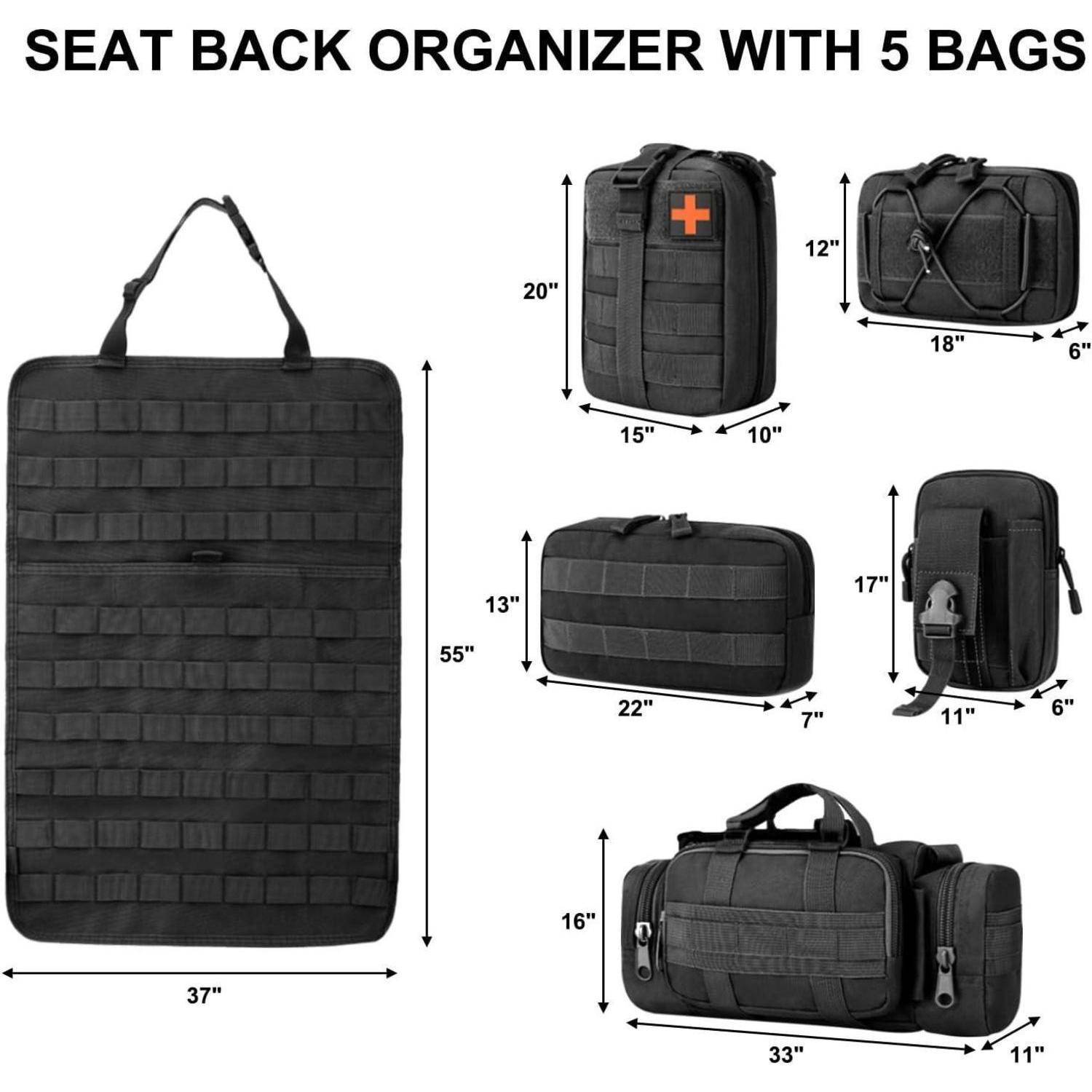 Rücksitzorganizer mit 5 Taschen, zeigt einen großen 37 x 55 Zoll großen Organizer und fünf abnehmbare Taschengrößen mit Abmessungen.
