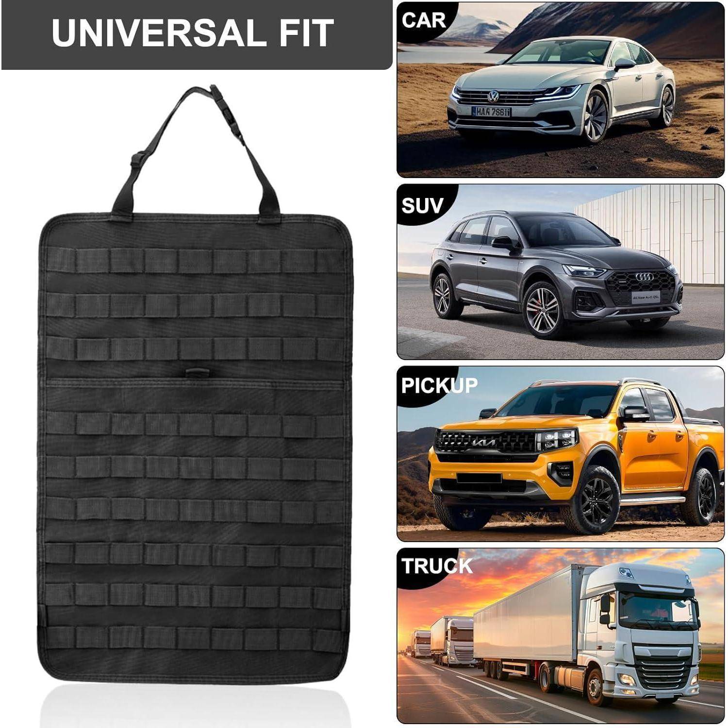 Universell passende schwarze MOLLE-Organizer-Tasche mit Schultergurt, gezeigt zur Verwendung mit Auto, SUV, Pickup und Lastwagen.
