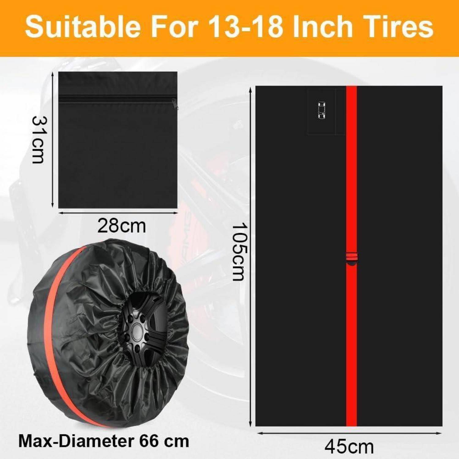 Reifenschutzhülle Größentabelle für geeignete 13-18 Zoll Reifen, Abmessungen 31 cm x 28 cm im zusammengeklappt, 105 cm x 45 cm offen, maximaler Durchmesser 66 cm.