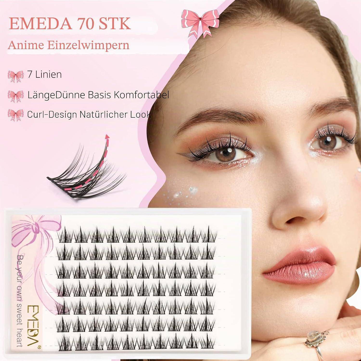 Anzeige für EMEDA 70er-Set Anime-Kunstwimpern, zeigt das Gesicht einer Frau mit langen gekräuselten Wimpern und eine Schachtel mit Wimpernstreifen; der Text hebt 7 Linien und ein natürliches, angenehmes Aussehen hervor.