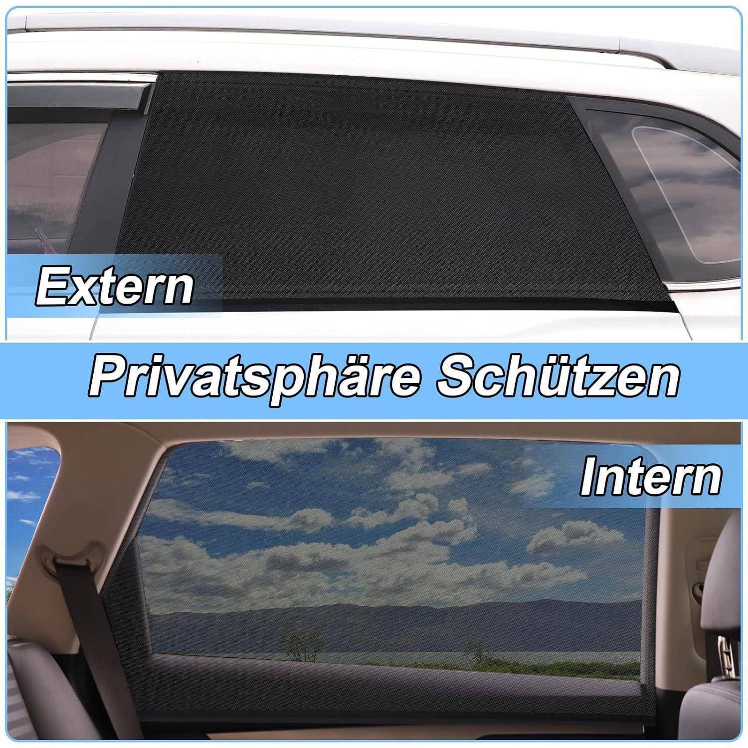 Vergleich von Autosonnenschutze: 'Extern' blockiert die Außensicht; 'Intern' ermöglicht teilweise Außensicht und schützt gleichzeitig die Privatsphäre.