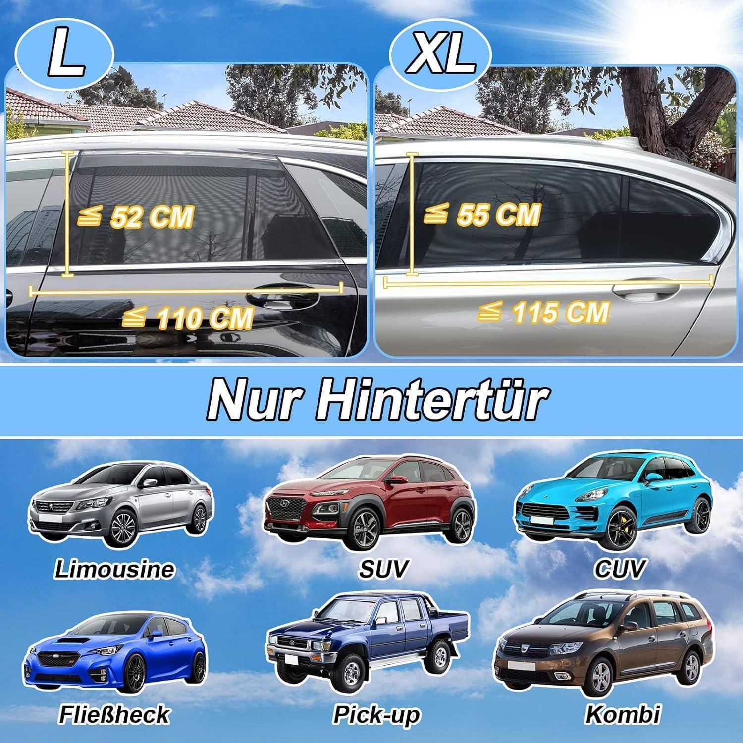 Vergleichsgrafik für Heckfenster-Sonnenblenden, die L- und XL-Größenmessungen sowie eine Passformführung „Nur Hintertür