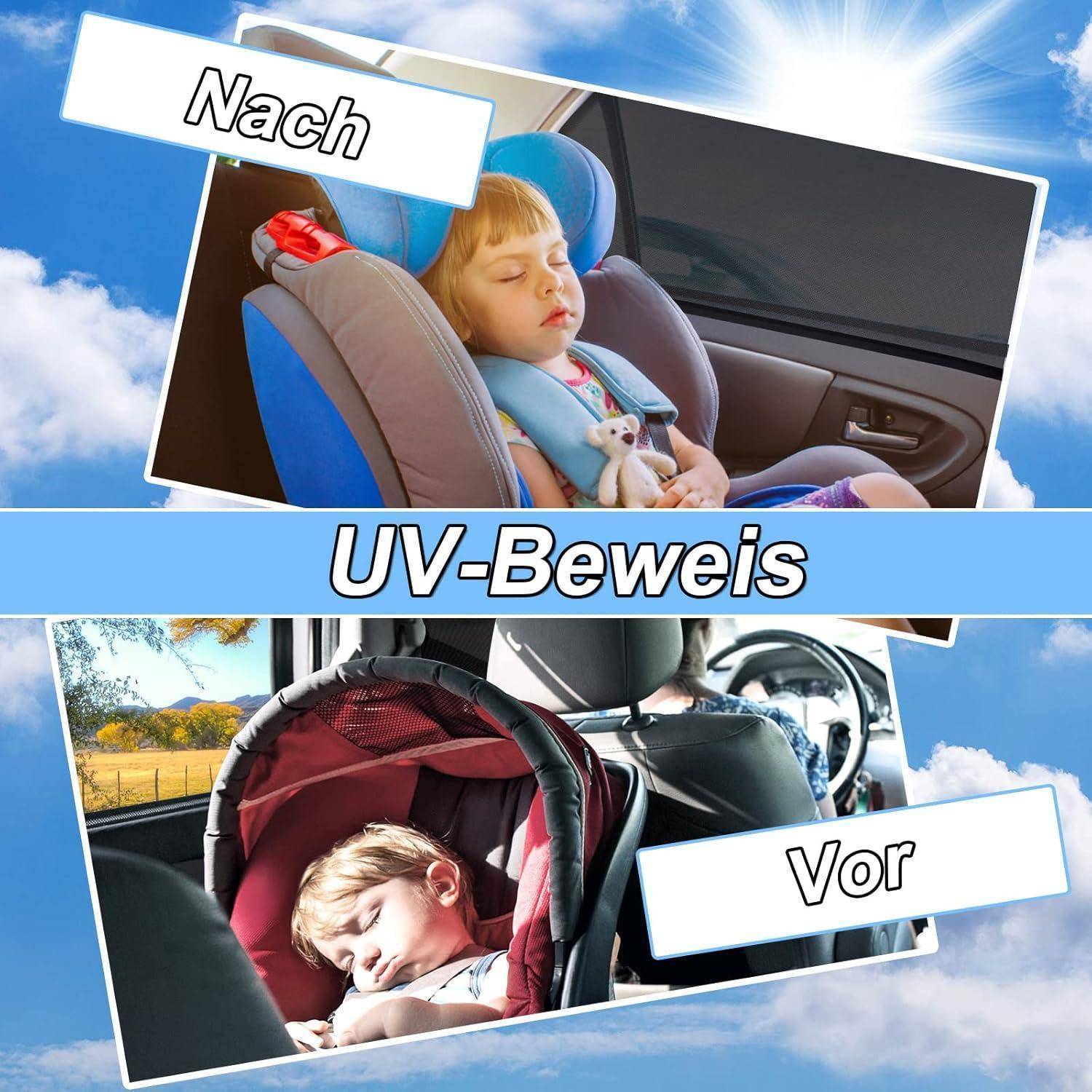 Geteiltes Bild zeigt ein Kind in einem Autositz vor und nach Sonnenbestrahlung, mit 'UV-Beweis' zentriert zwischen den Feldern und Beschriftungen 'Nach' und 'Vor'.