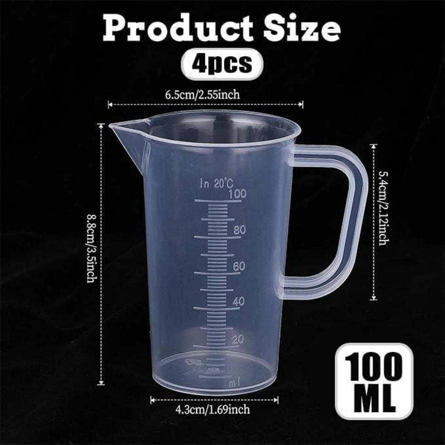 Produktgrößendiagramm für einen 100-ml-Kunststoffmessbecher mit Abmessungen: 8,8 cm Höhe, 6,5 cm Breite, 5,4 cm Griffhöhe und 4,3 cm Basisbreite.