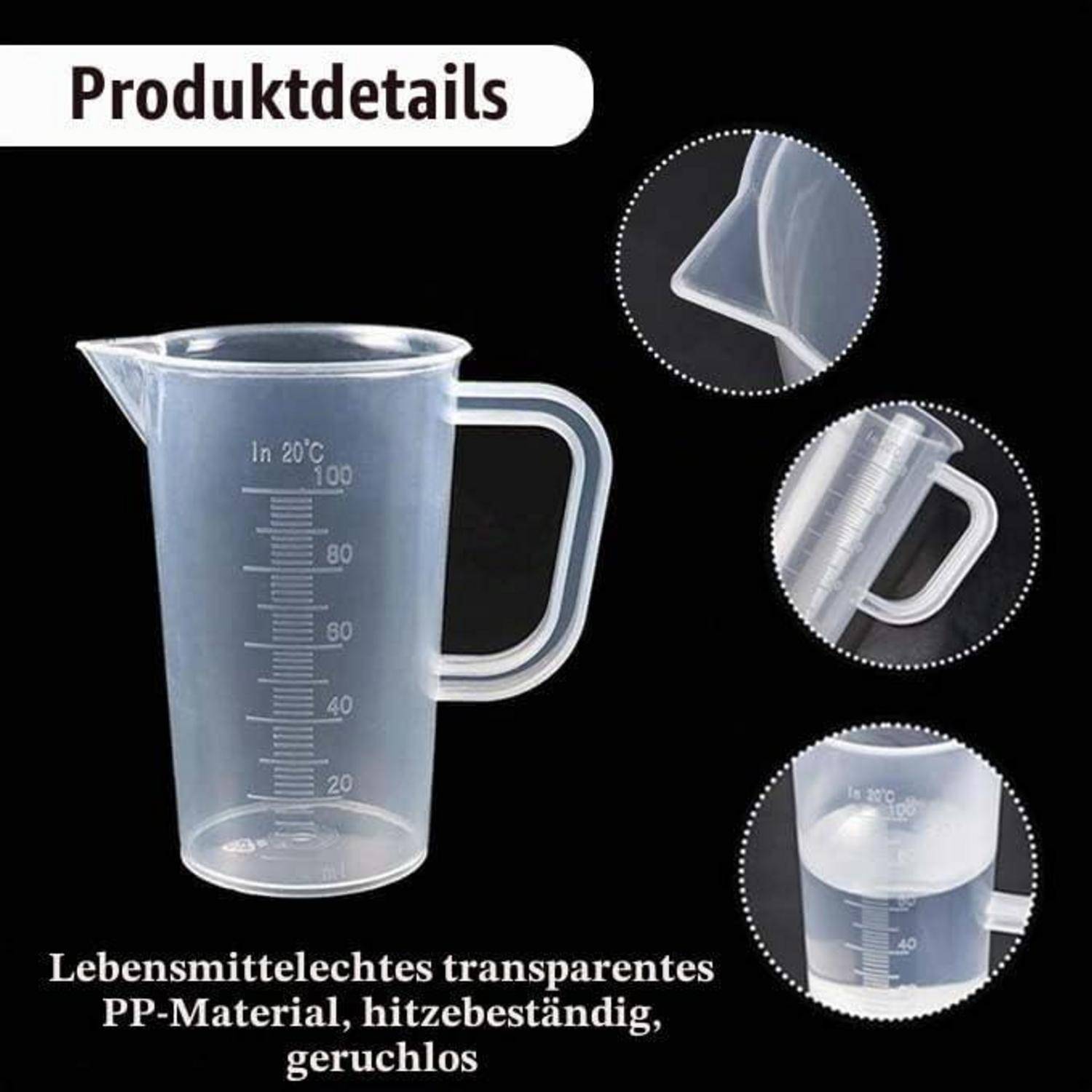 Transparente Messkaraffe aus Polypropylen mit Griff und Ausguss, gekennzeichnet in Millilitern, gezeigt mit Nahaufnahmen, die das flexible, hitzebeständige Material hervorheben.