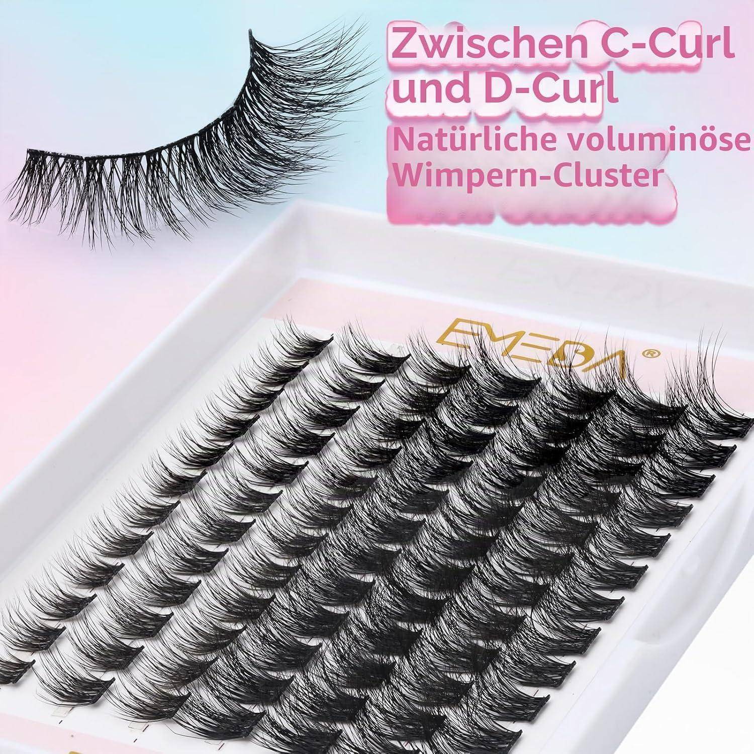 Werbebild von falschen Wimpern-Clustern auf einem Tablett, mit einem einzelnen Streifen oben; deutscher Text besagt „Zwischen C-Curl und D-Curl