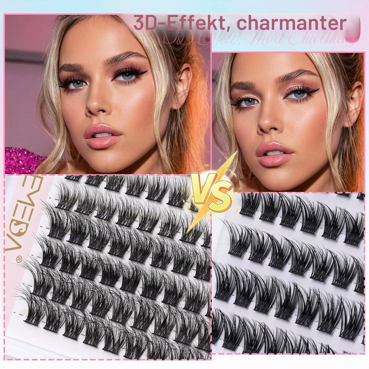 Frau's Gesicht oben, und vorher/nachher Wimpernstreifen-Nahaufnahmen unten mit 'VS' und deutschem Text '3D-Effekt, charmanter'.
