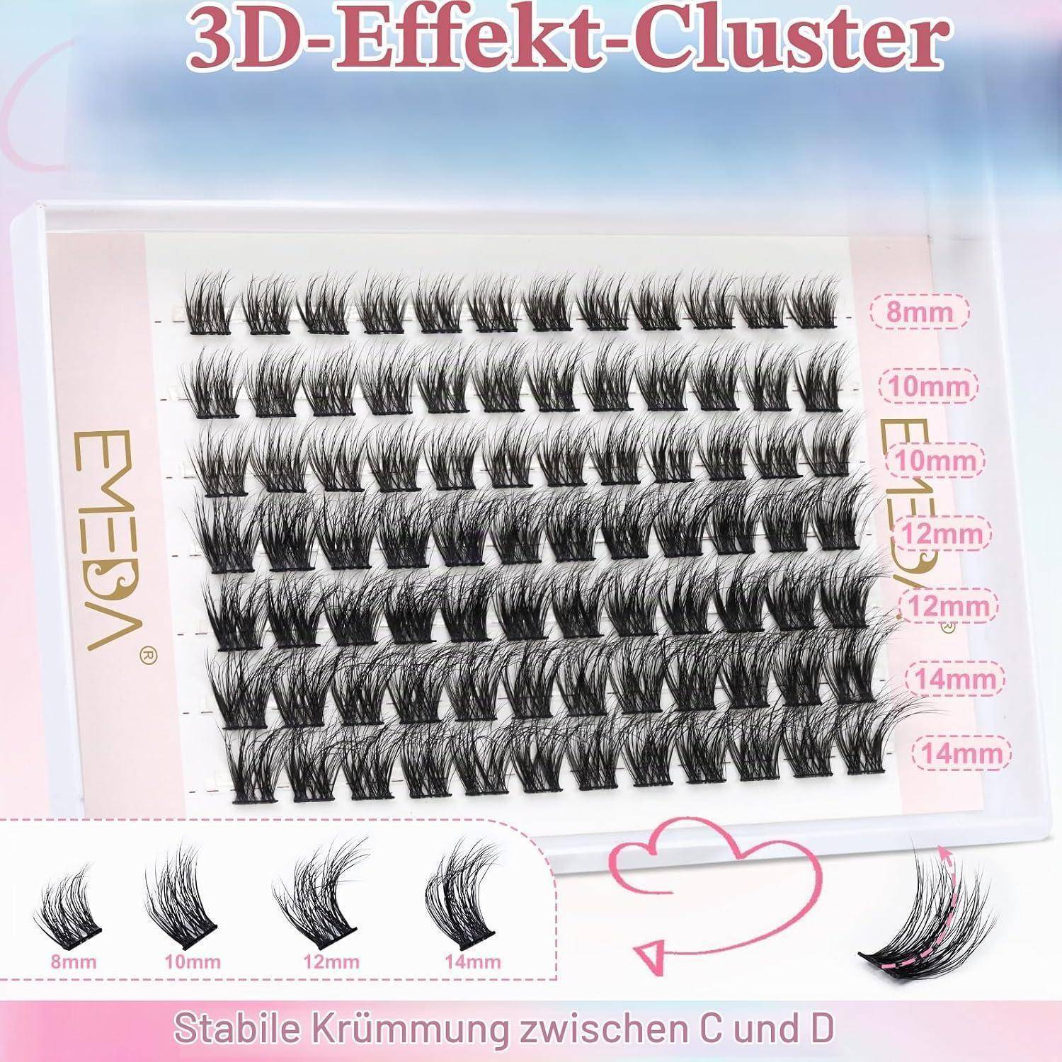 3D-Effekt-Cluster' Wimpernbüschel-Tablett mit falschem Wimperneffekt, das sechs Wimpernreihen mit Bezeichnungen von 8mm bis 14mm zeigt, mit Beispielen für Krümmungsformen und der Bildunterschrift 'Stabile Krümmung zwischen C und D