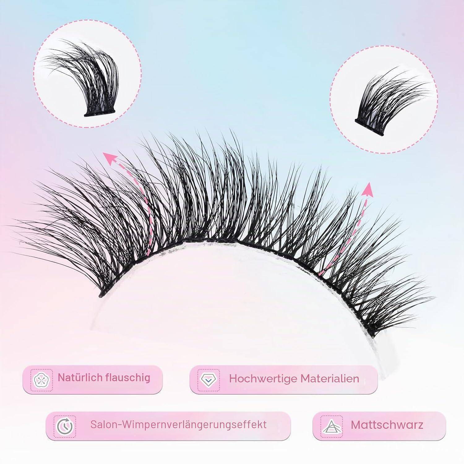 Kunstwimpernstreifen auf weißem Band, gezeigt mit zwei Nahaufnahmen und rosa Beschriftungen auf Deutsch: 'Natürlich flauschig', 'Hochwertige Materialien', 'Salon-Wimpernverlängerungseffekt', 'Mattschwarz'.