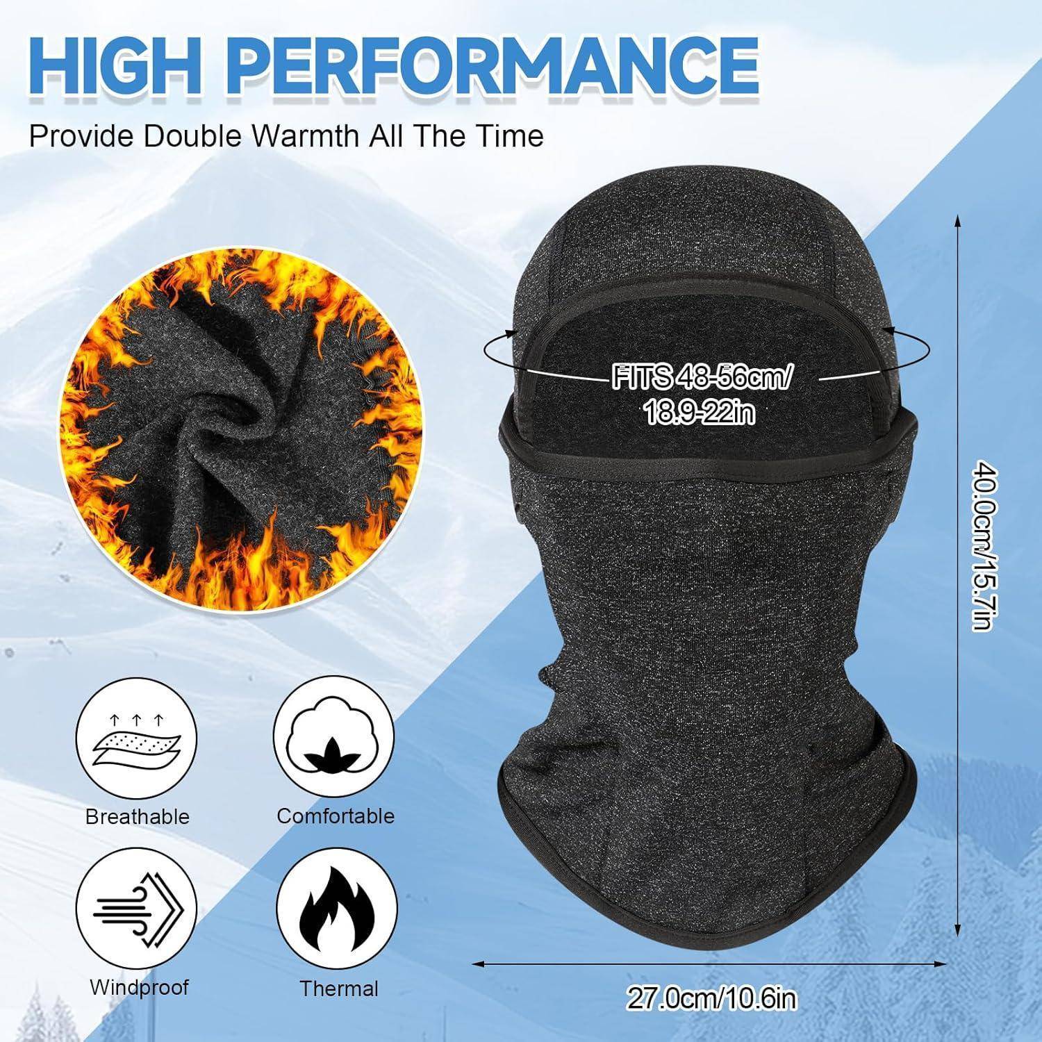 Hochleistungs-Sturmhaube von vorne und von der Seite gezeigt, passt auf Kopfgrößen von 48-56 cm, 40 cm hoch und 27 cm breit; atmungsaktiv, komfortabel, winddicht und warm.