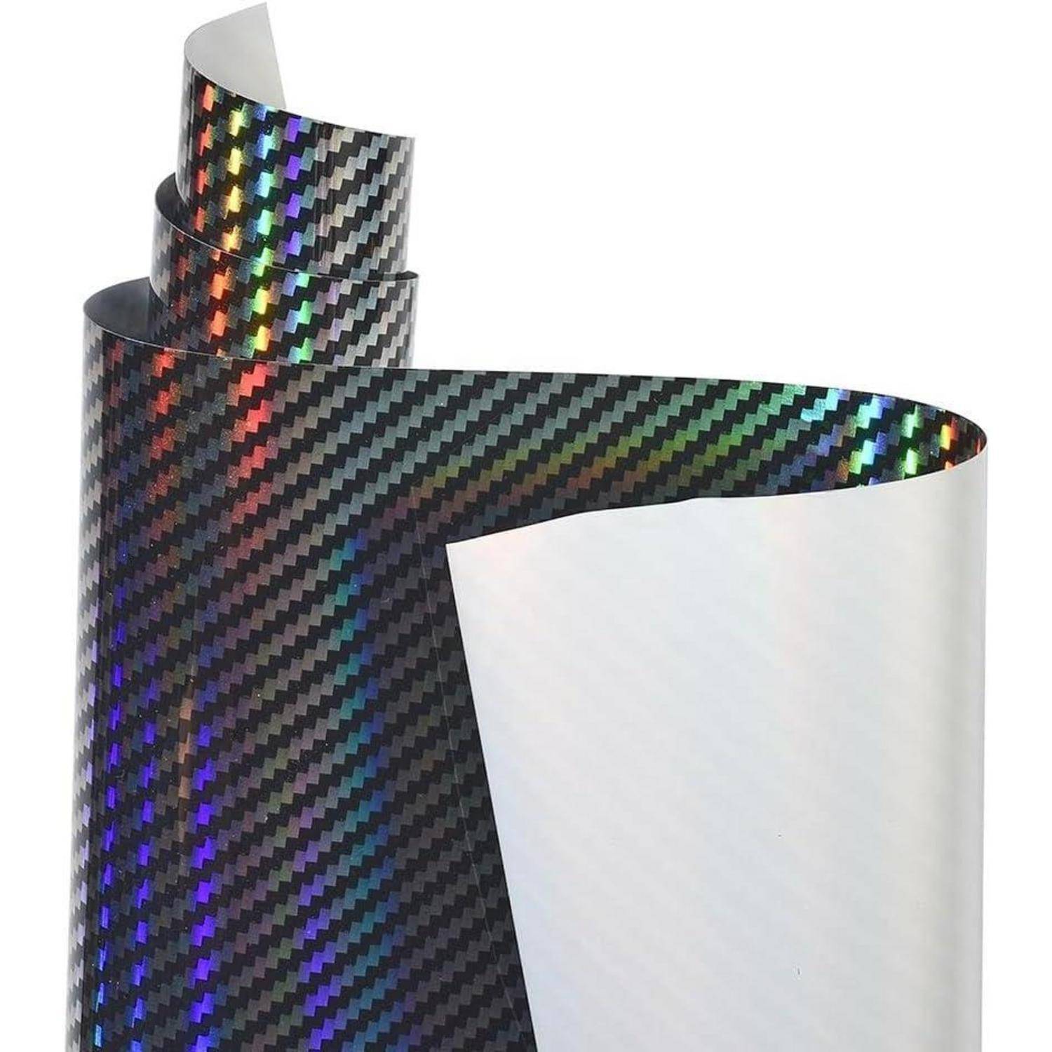 Eine Rolle schwarze holografische Kohlefaser-Muster-Klebfolie mit Regenbogenreflexionen und weiße Rückseite
