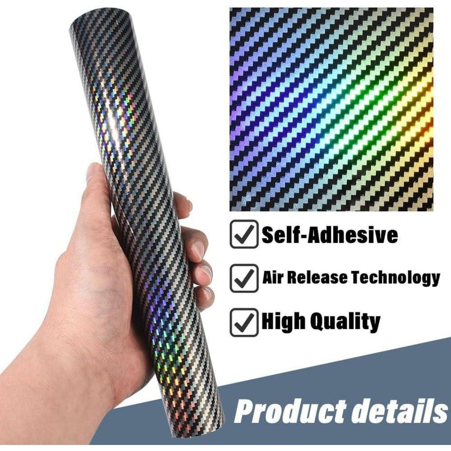 Hand, die eine Rolle schwarze holografische Carbon-Vinyl-Folie hält, mit Nahaufnahme der Textur und Produktdetails, die "Selbstklebend"", ""Luftablösungstechnologie"" und ""Hochwertig"" zeigen.