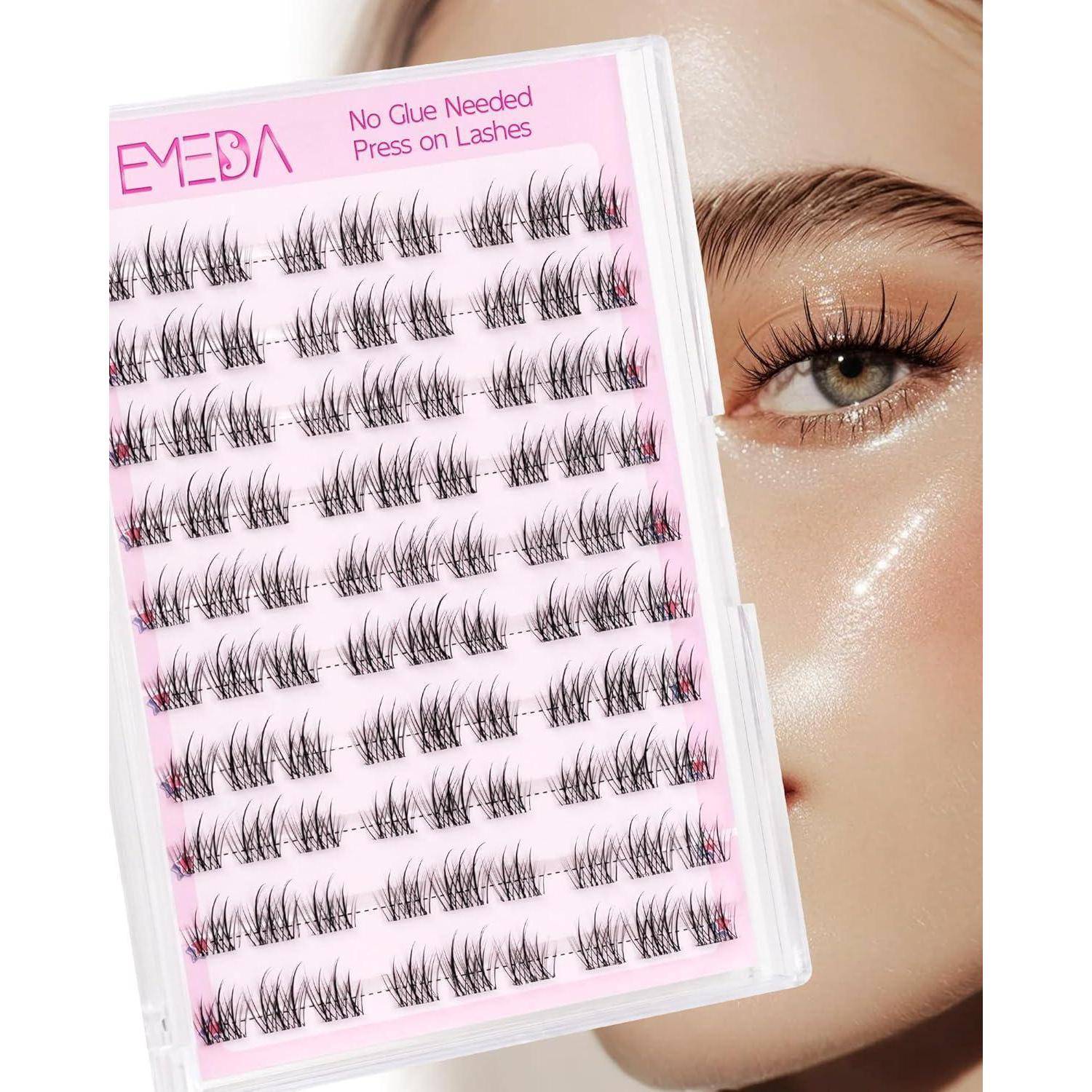 Packung mit EMESA-Klebeband-freien Wimpern zum Aufdrücken, neben dem Auge eines Models mit aufgetragenen Wimpern gezeigt.