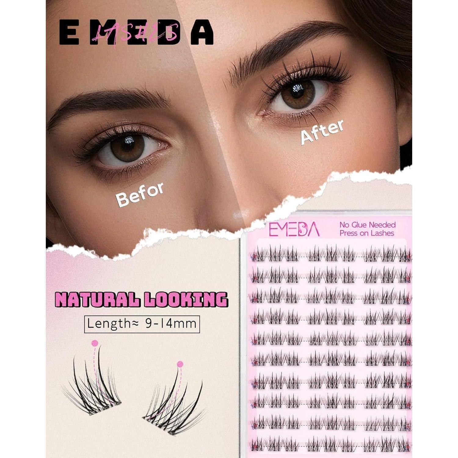 EYEBA Wimpernwerbung zeigt vorher und nachher Augen sowie einen Streifen mit aufklebbaren Wimpern mit der Bezeichnung „Kein Kleber nötig, Aufklebbare Wimpern