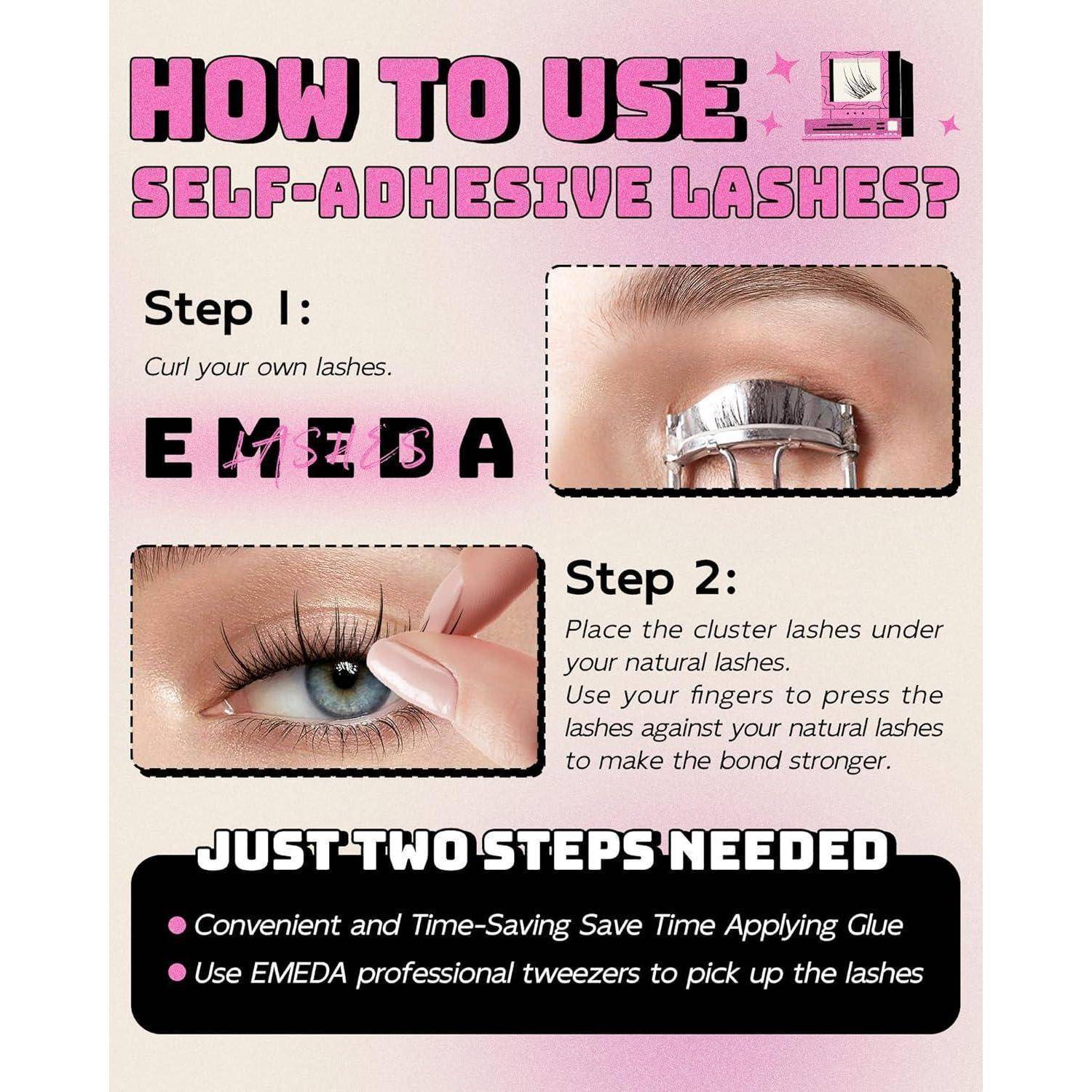 Anleitung zum Anbringen von selbstklebenden Wimpern in 2 Schritten: Natürliche Wimpern kräuseln, dann Wimpernbüschel darunter platzieren und drücken, um sie zu befestigen.