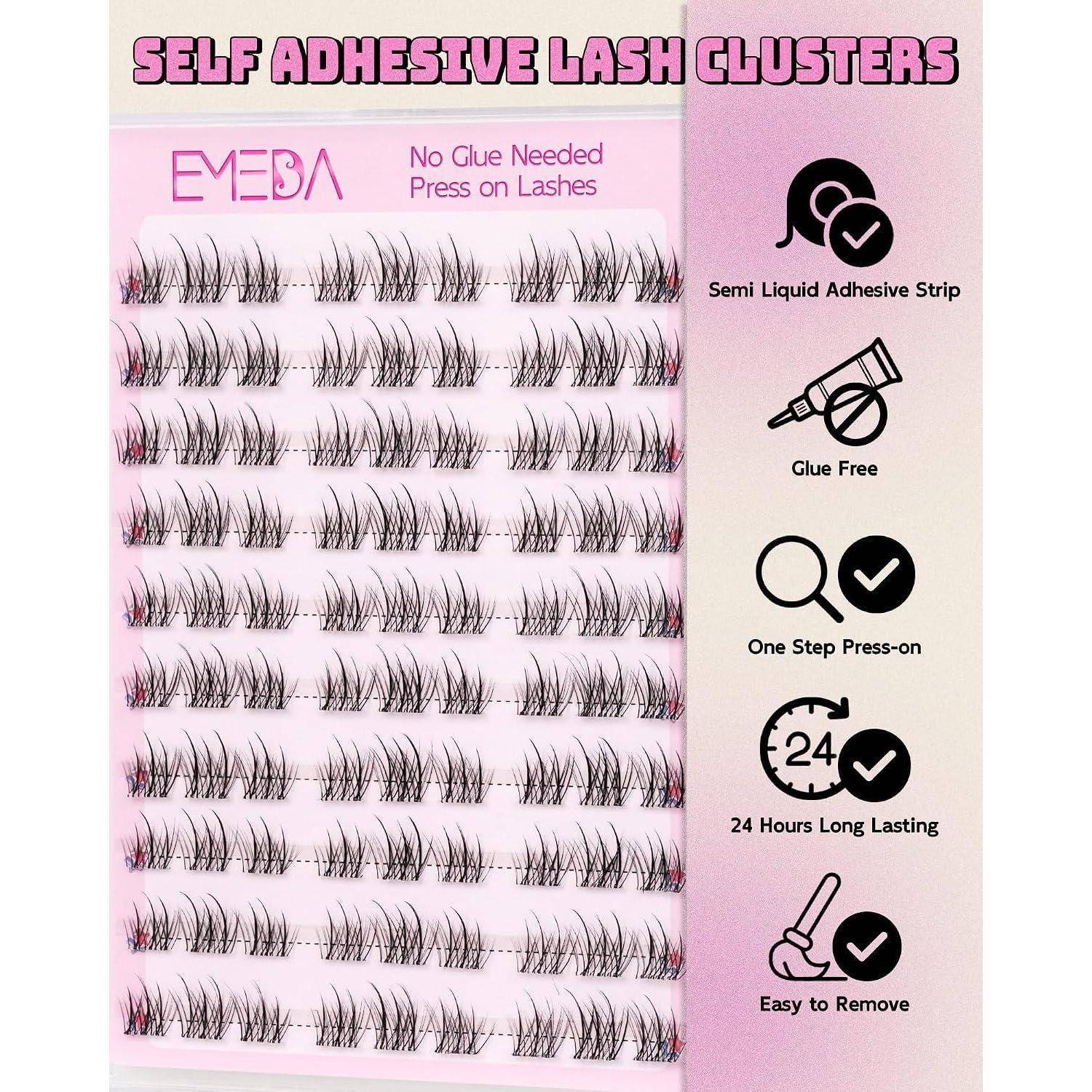 Produktpaket für selbstklebende Wimpernbüschel, das Reihen von künstlichen Wimpern und Symbole für halbflüssigen Klebstoffstreifen, klebstofffrei, Drücken-und-tragen in einem Schritt, 24 Stunden lang haltbar und leicht zu entfernen zeigt.