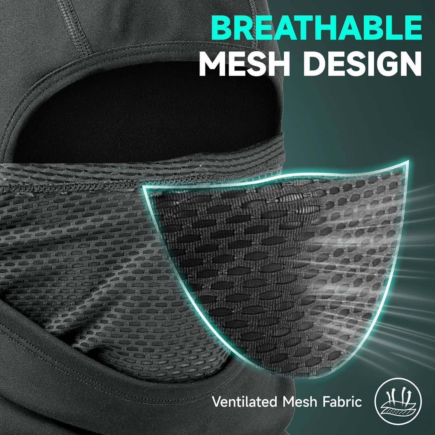 Nahaufnahme einer schwarzen Gesichtsmaske mit atmungsaktivem Mesh-Design, hervorgehobener Ausschnitt und Text „Ventiliertes Mesh-Gewebe" zur Kennzeichnung des verbesserten Luftstroms.