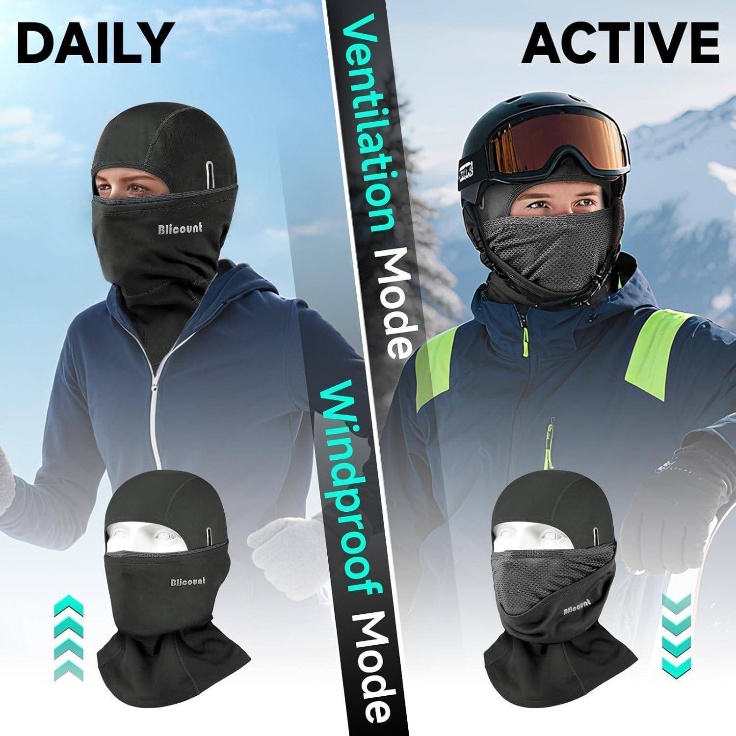 Geteiltes Bild, das eine schwarze Gesichtsmaske mit Helm in täglicher Nutzung und aktiver Nutzung vergleicht, beschriftet mit "Belüftungsmodus"" und ""Windschutz-Modus"".