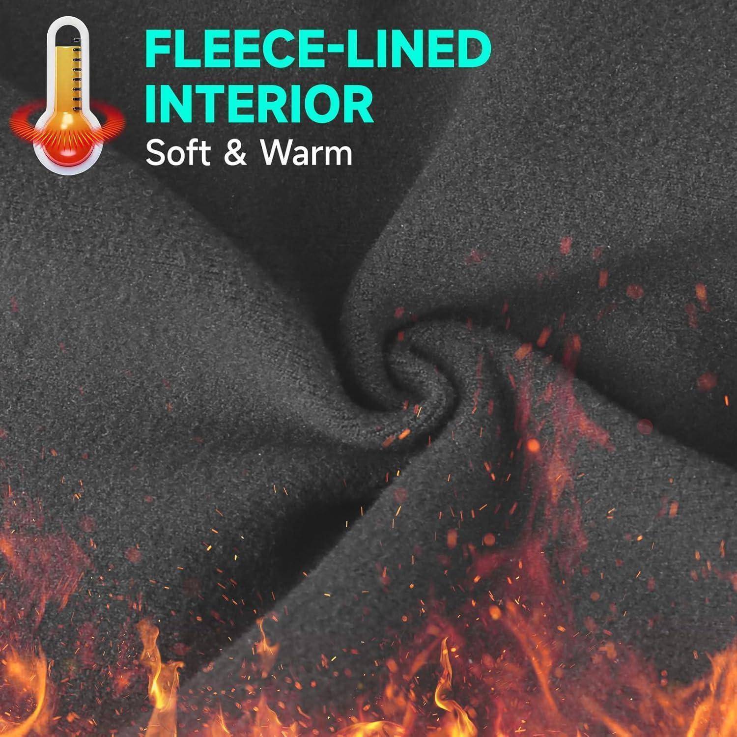 Nahaufnahme des schwarzen Fleecestoffes mit einem Flammensymbol und dem Text „FLEECE-GEFÜTTERTES INNERES Weich & Warm", das Wärme und Isolierung zeigt.