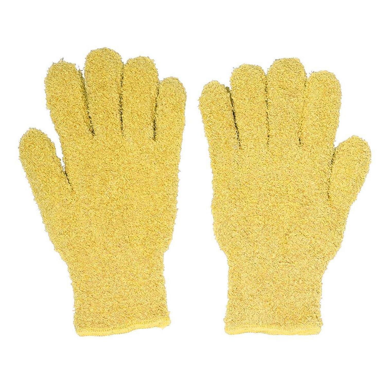 Paar gelber strukturierter Handschuhe nebeneinander auf weißem Hintergrund dargestellt.