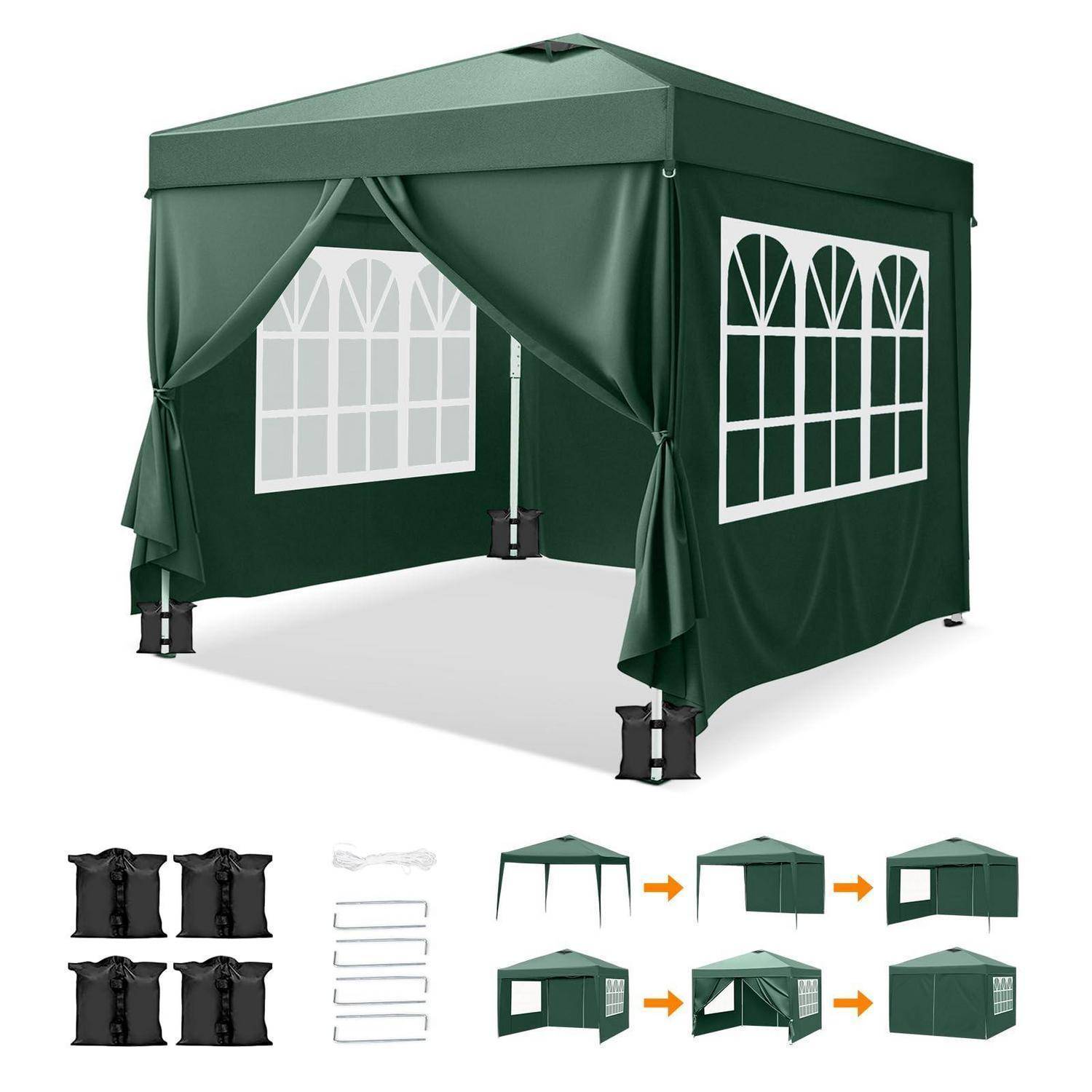 Grünes Pop-up-Zelt mit Seitenwänden und Fensterblenden, mit aufgebautem und zusammengefalteten Teilen sowie Aufbauschritte darunter.