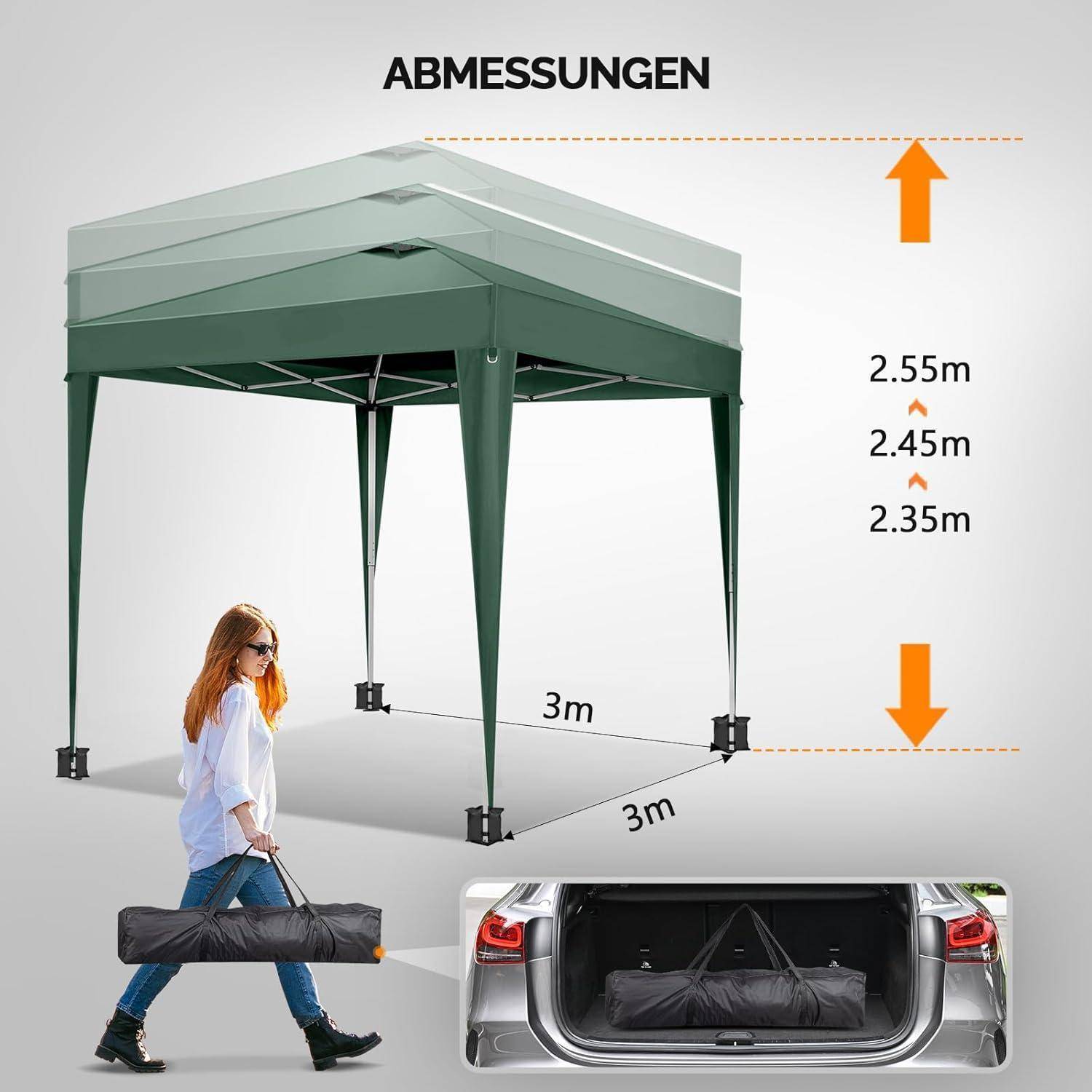 Abbildung eines grünen Pop-up-Pavillon-Zelts mit der Bezeichnung "ABMESSUNGEN"" mit einer Grundfläche von 3 m x 3 m und Höhenoptionen von 2,35 m, 2,45 m und 2,55 m sowie einer Aufbewahrungstasche in einem Kofferraum eines Autos.