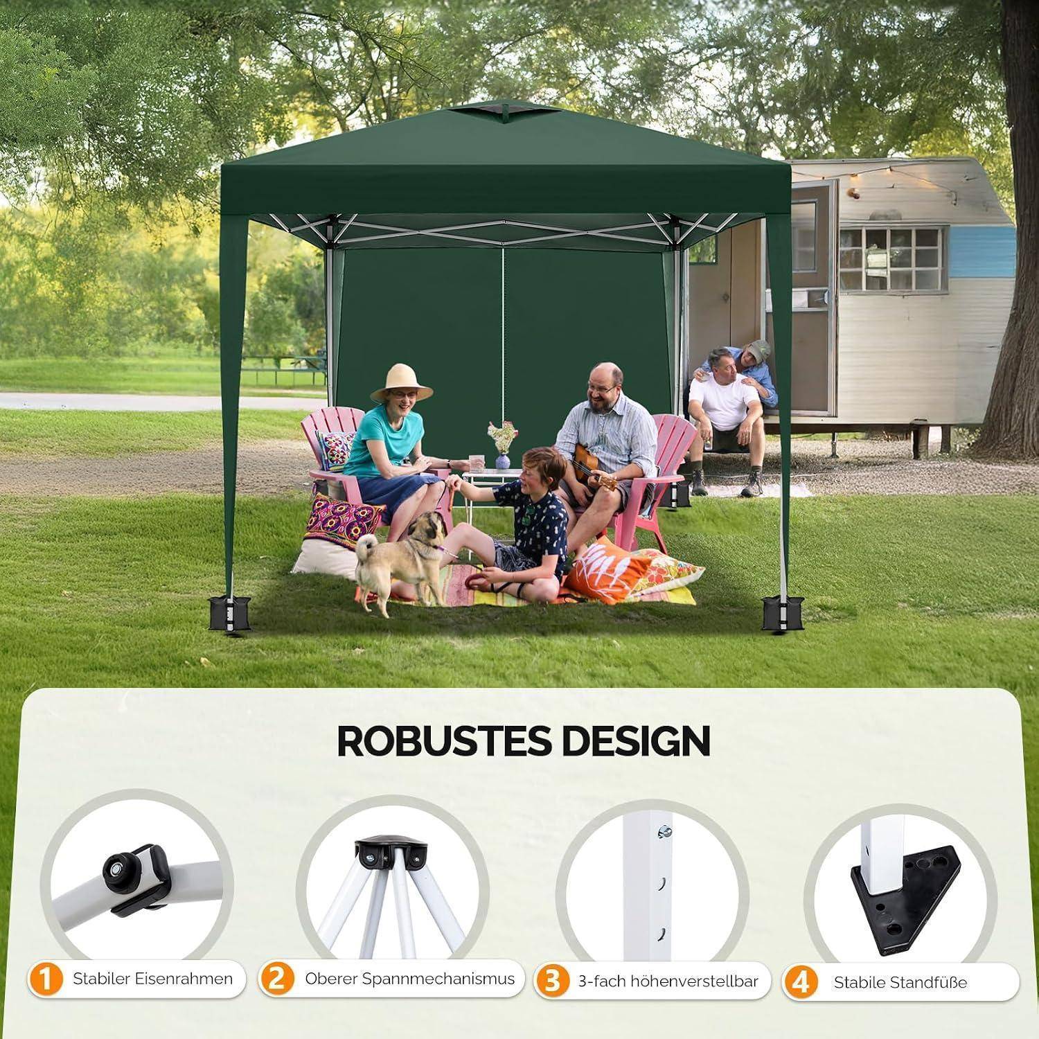 Familie relaxiert unter einem grünen Pop-Up-Zelt auf einem Rasen, mit einem Produktfeld darunter, das "ROBUSTES DESIGN"" zeigt und vier Funktionssymbole enthält.