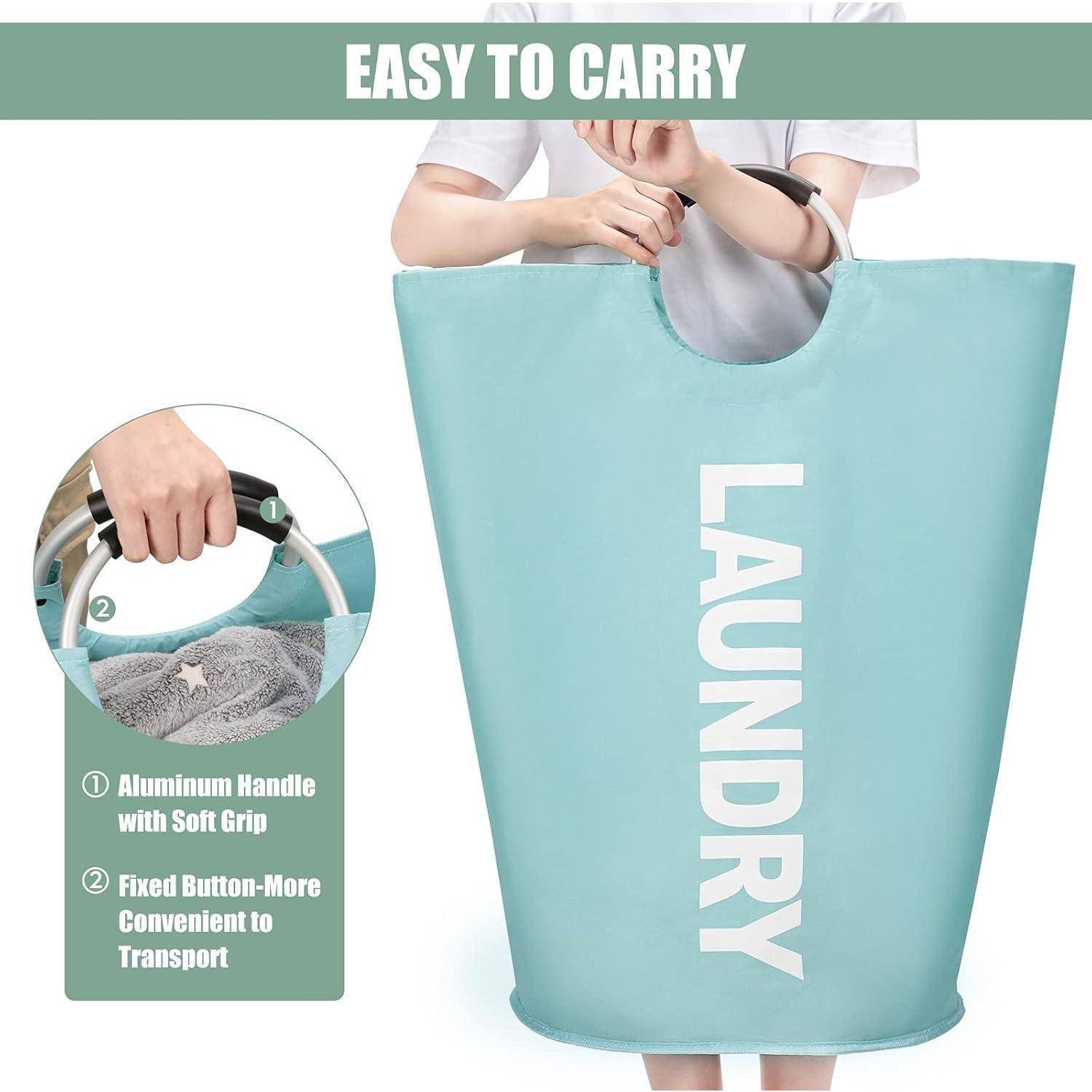 Werbebild einer türkisfarbenen Wäschekorbtasche mit Griffen und vertikal aufgedrucktem Text „LAUNDRY