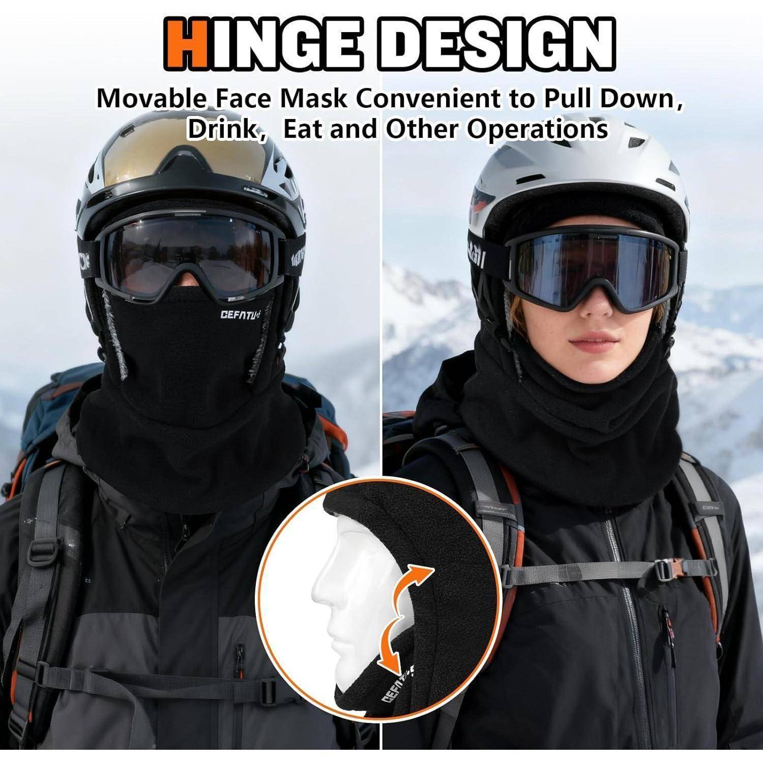 HINGE DESIGN Ski-Gesichtsmaske mit bewegbarer Gesichtsbedeckung, die nach unten gezogen werden kann, um den Mund freizulegen zum Trinken oder Essen.
