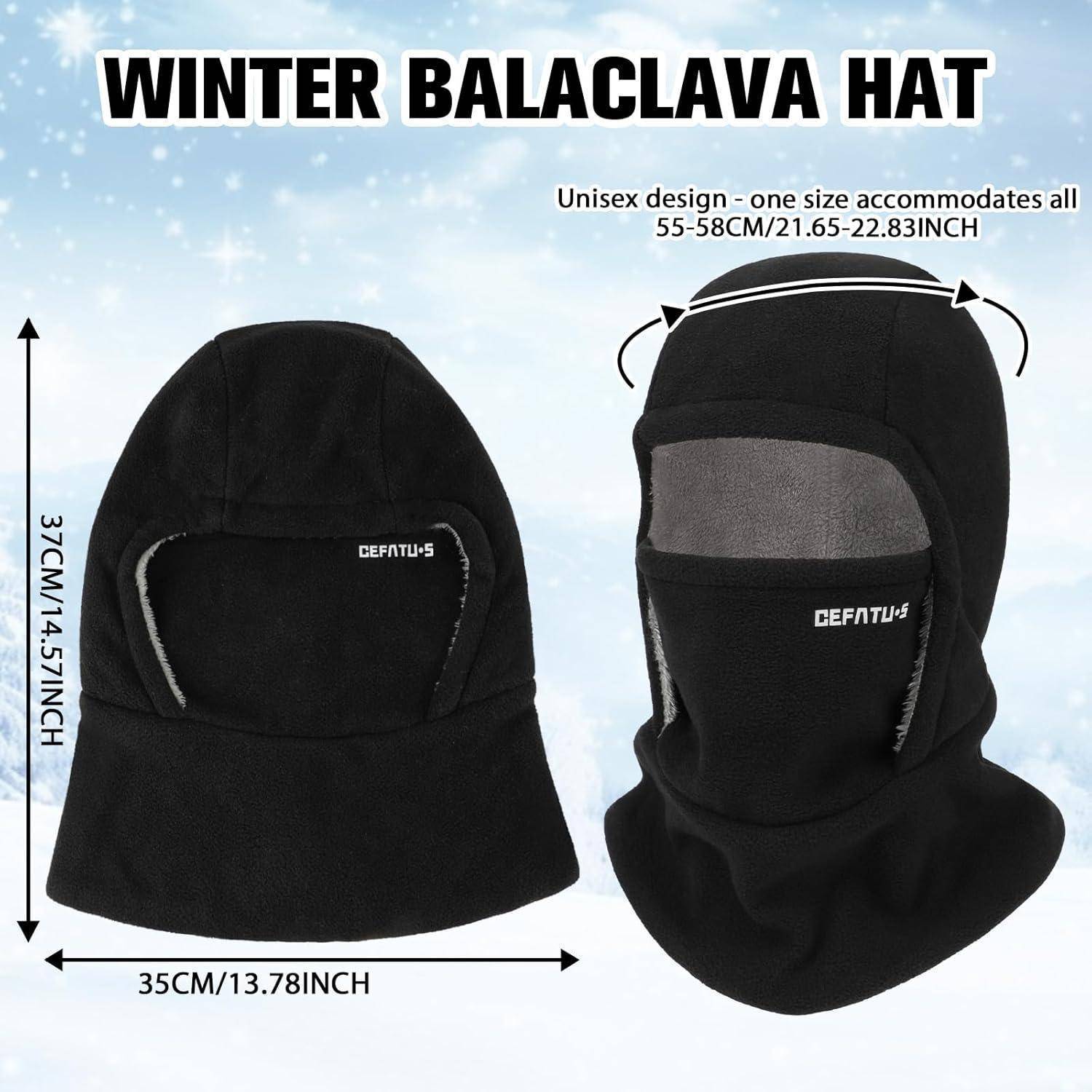 Produktbild einer schwarzen Winterbalaclava-Mütze, von vorne und von der Seite gezeigt, mit der Bezeichnung „WINTER BALACLAVA HAT