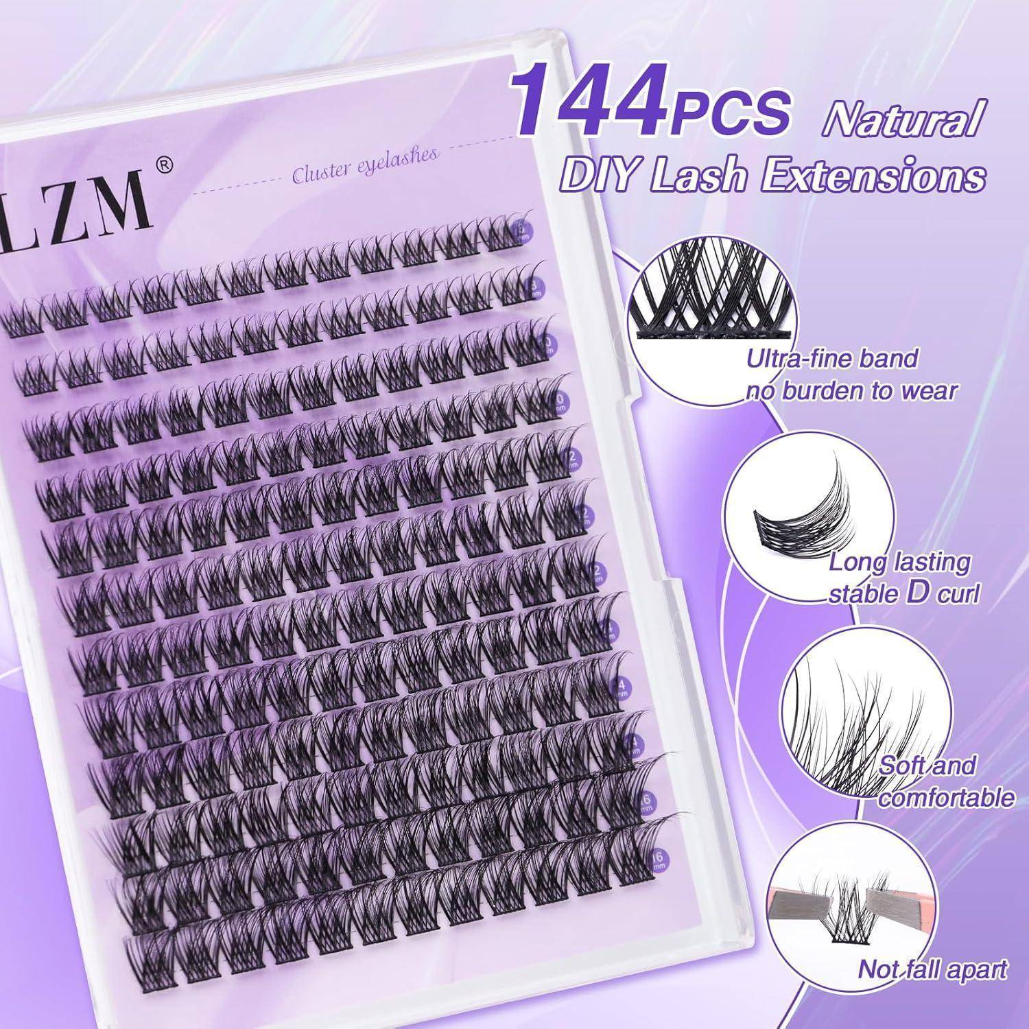 Werbebild von 144-teiligen natürlichen DIY-Wimpernverlängerungen in einem Tablett, mit Nahaufnahmekreisen, die das ultrafeine Band, die langlebige D-Kurve und den weichen Komfort hervorheben.