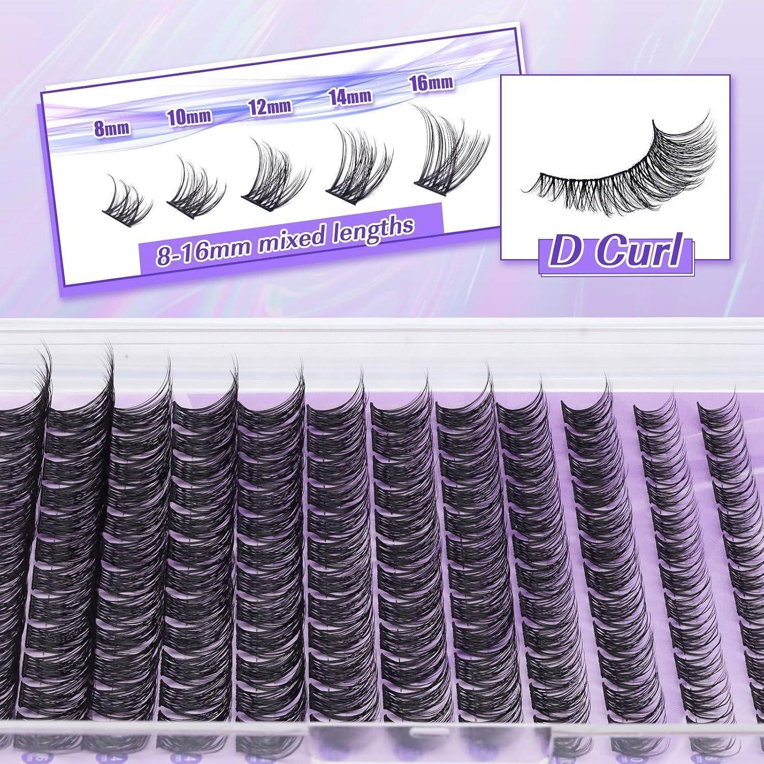 Tablett mit violetten künstlichen Wimpern, das D-Curl gemischte Längen von 8 mm bis 16 mm zeigt, mit einem Etikett, das die Curling-Art und Längenoptionen veranschaulicht.
