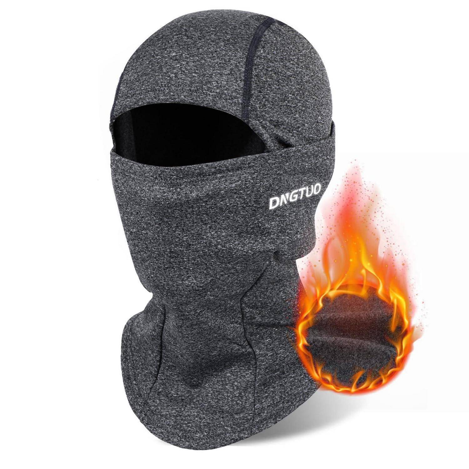 Graue Thermal-Sturmhaube mit Augenöffnung, gezeigt mit Feuer-Grafik, die Flammenbeständigkeit anzeigt.