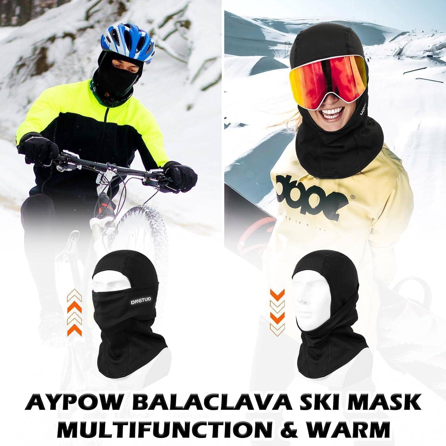 Werbebild für Aypow-Sturmhaube Skimaske, das Radfahrer und Skifahrer zeigt, die schwarze Gesichtsbedeckungen-Winterkopfbedeckungen für Wärme und Schutz tragen.