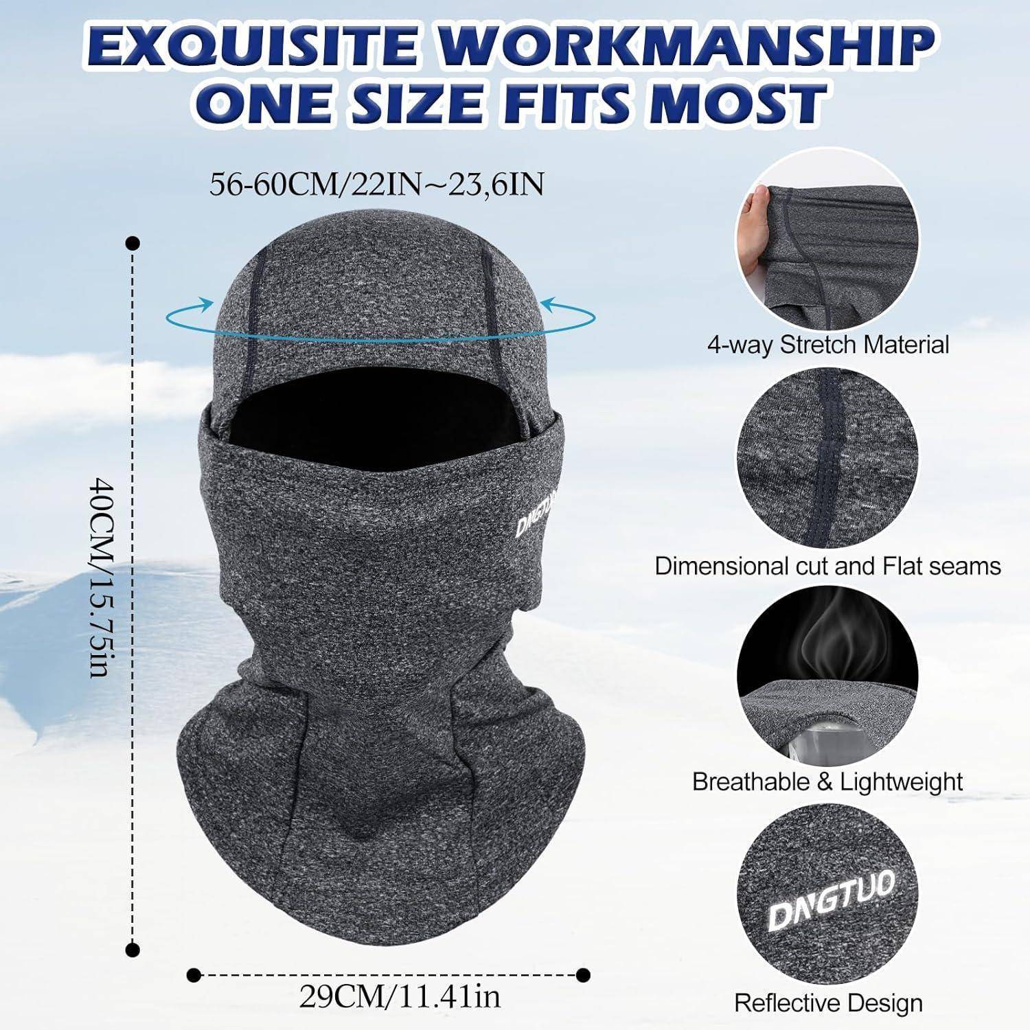 Produktinfografik für eine graue Sturmhaube: eine Größe passt für die meisten 56-60 cm, 40 cm hoch, 29 cm breit, mit 4-Wege-Stretch, atmungsaktiver leichter Stoff, flache Nähte, reflektierendes Logo.