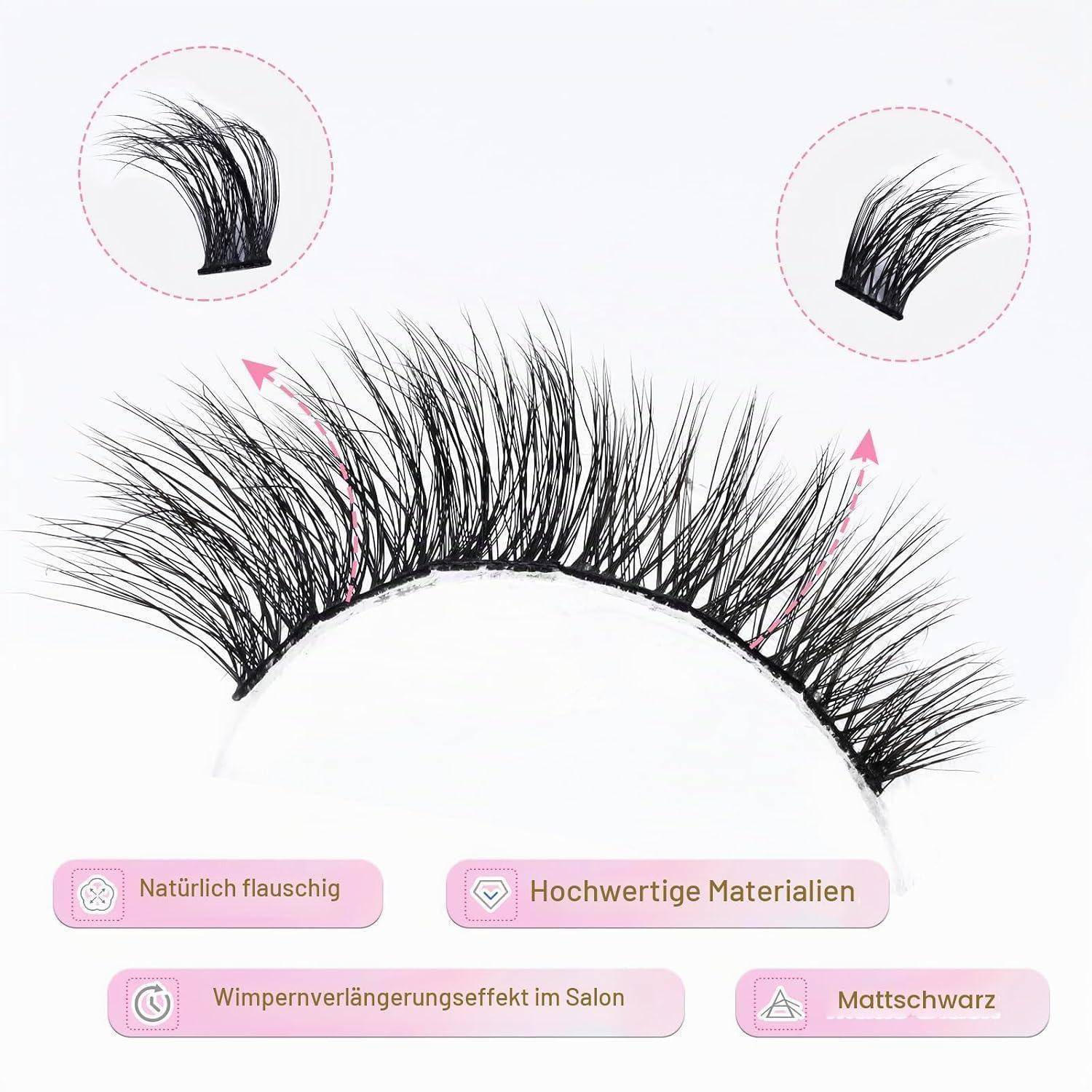 Falsche Wimpern in Schwarz dargestellt, mit Nahaufnahmen von Wimpernbüscheln und deutschen Beschriftungen, die den natürlichen fluffigen Look, hochwertige Materialien, Salon-Extensionseffekt und mattes Schwarz hervorheben.