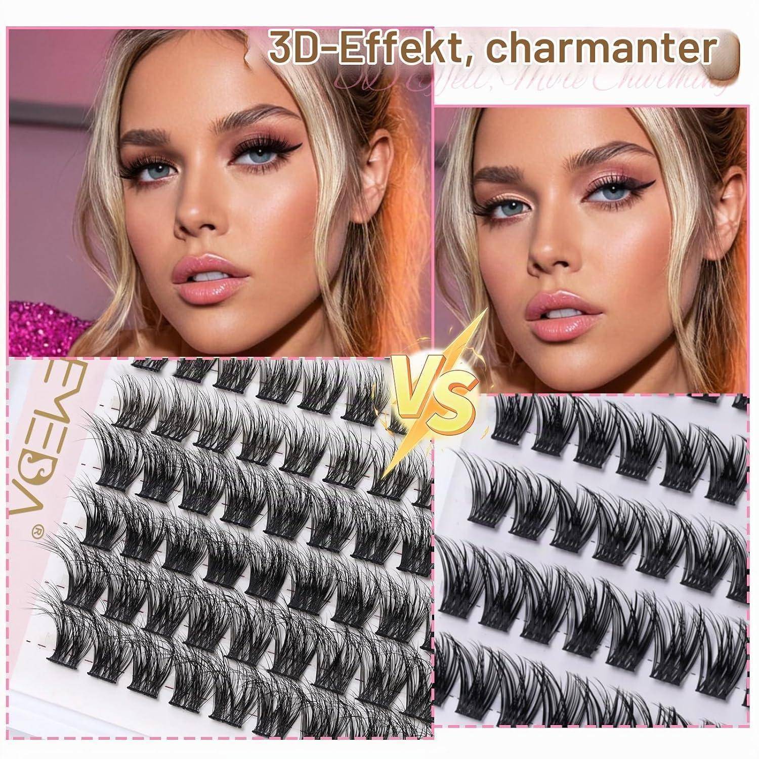 Geteilter Bildschirm-Schönheitsanzeige, die falsche Wimpern im Gesicht einer Frau vergleicht, mit der Bezeichnung „3D-Effekt, charmanter