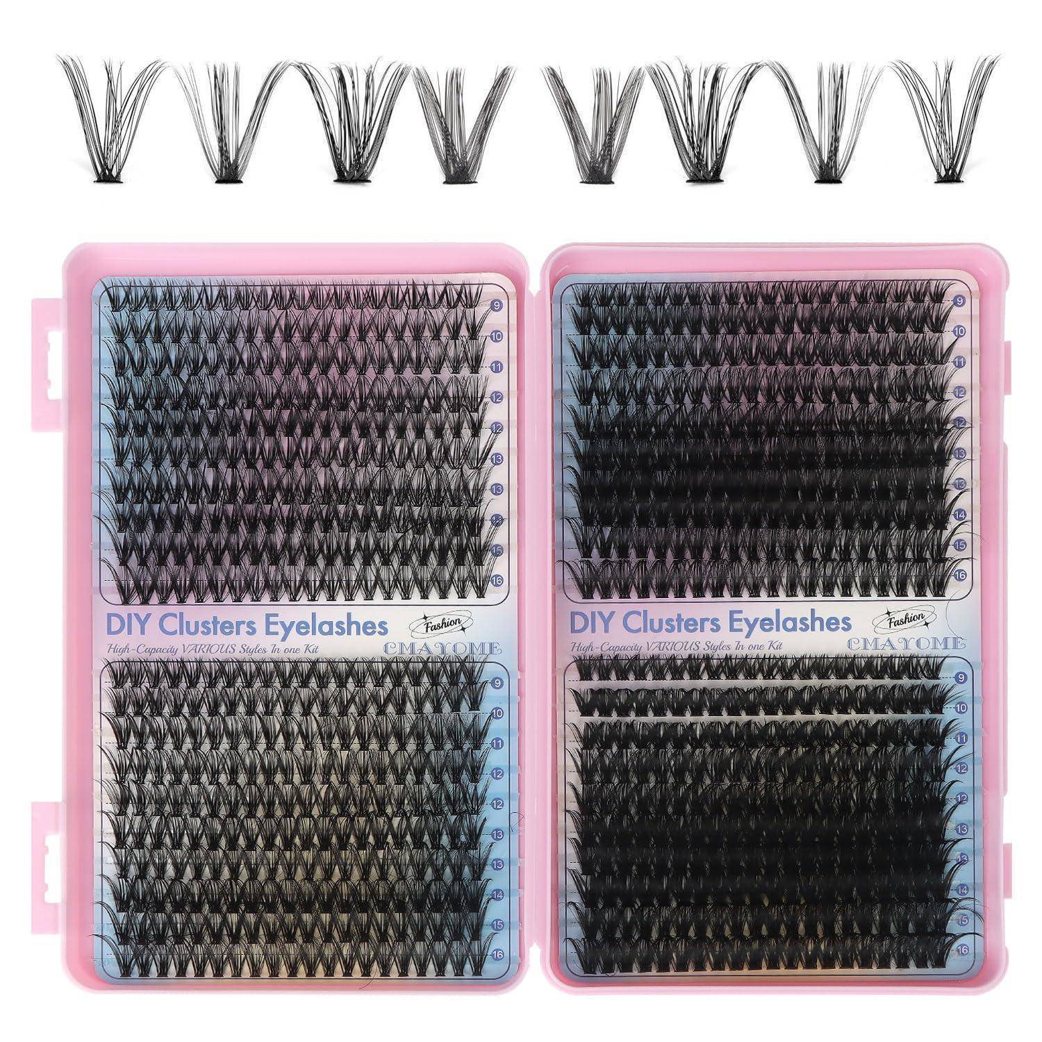 Rosa Behälter mit DIY-Cluster-Wimpernverlängerungen, die mehrere Stile von künstlichen Wimpernbündeln in Tabletts zeigen, mit mehreren losen Bündeln, die oben angezeigt werden.
