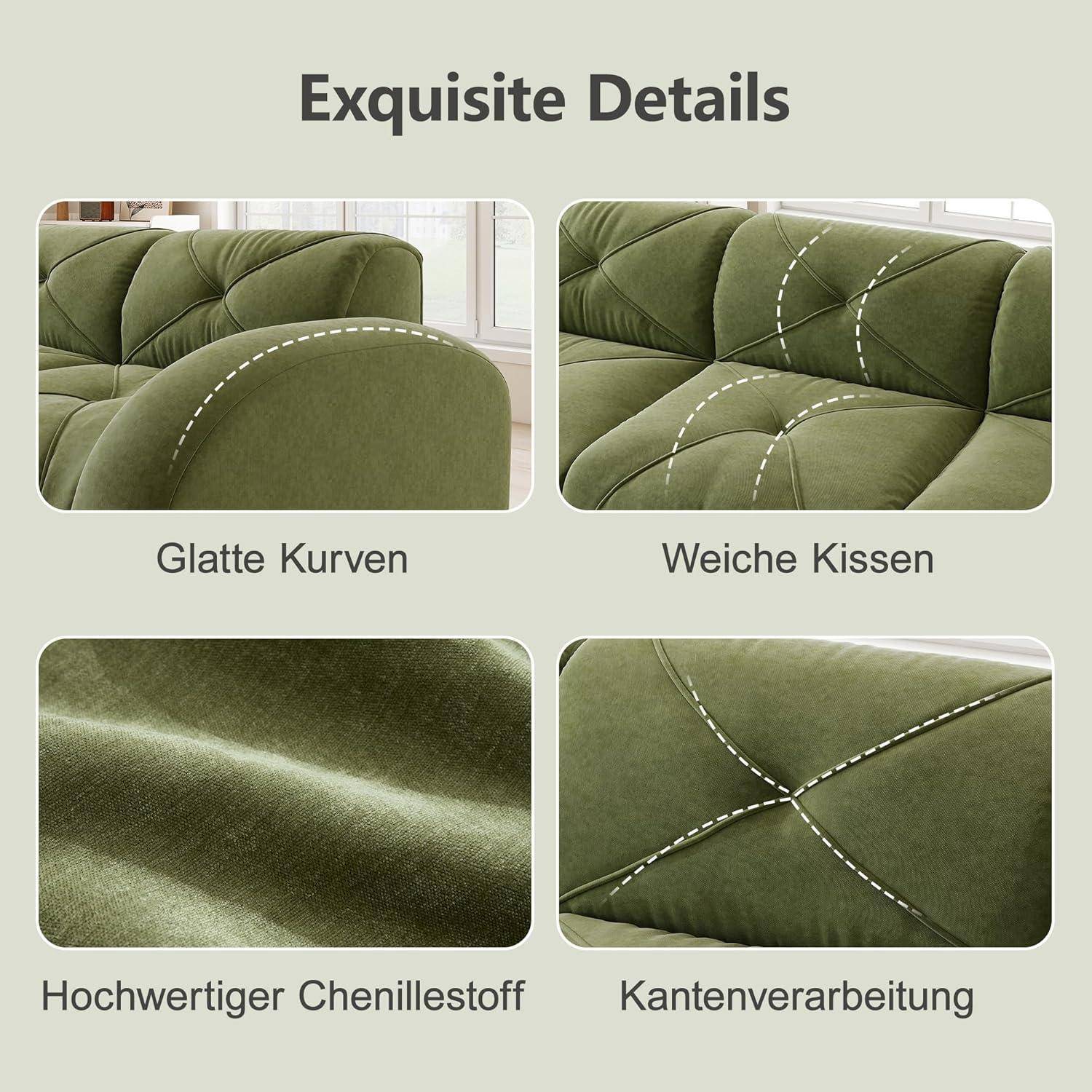 Produktdetailgrafik, die ein grün gepolstertes Sofa mit Nahaufnahmen von sanften Kurven, weichen Kissen, Chenille-Stoff und handwerklich verarbeiteten Nähkanten zeigt.