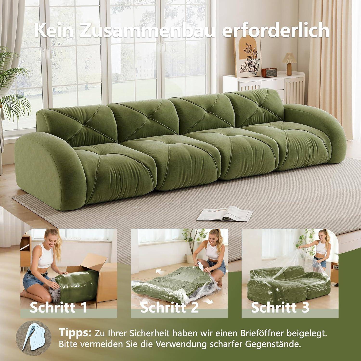 Grünes modulares Sofa in einem hellen Raum mit Text, der sagt „Keine Montage erforderlich