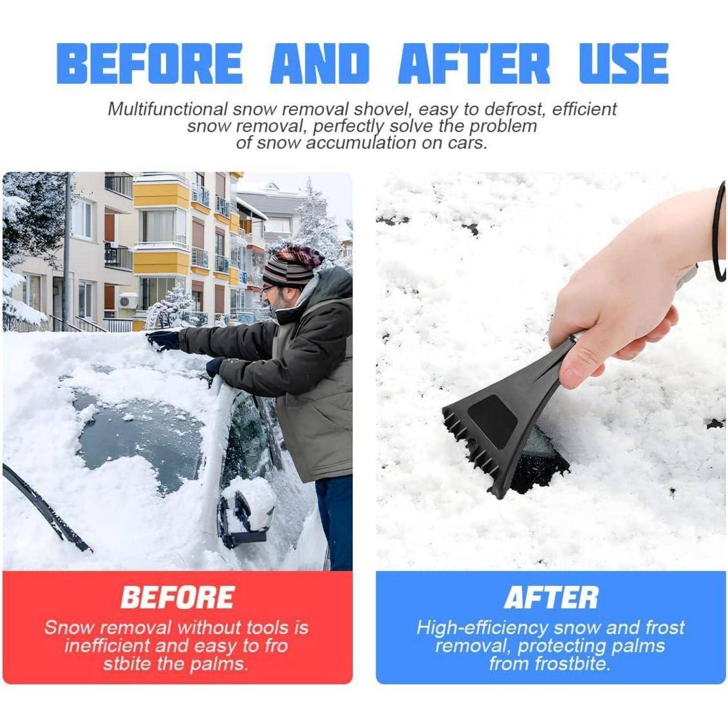 Vergleichsgrafik, die ein Schneeräumungswerkzeug vor und nach der Verwendung zeigt: Eine Person räumt Schnee von einem Auto, und eine Hand verwendet einen schwarzen Kratzer auf Schnee und hebt einfacheres Abtauen und Handschutz hervor.