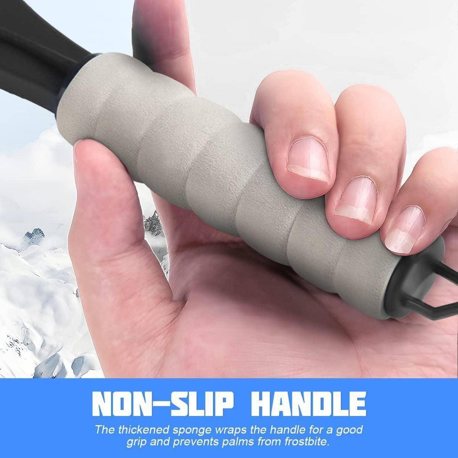 Hand, die einen schaumstoffumwickelten Griff hält, mit dem Text „NON-SLIP HANDLE