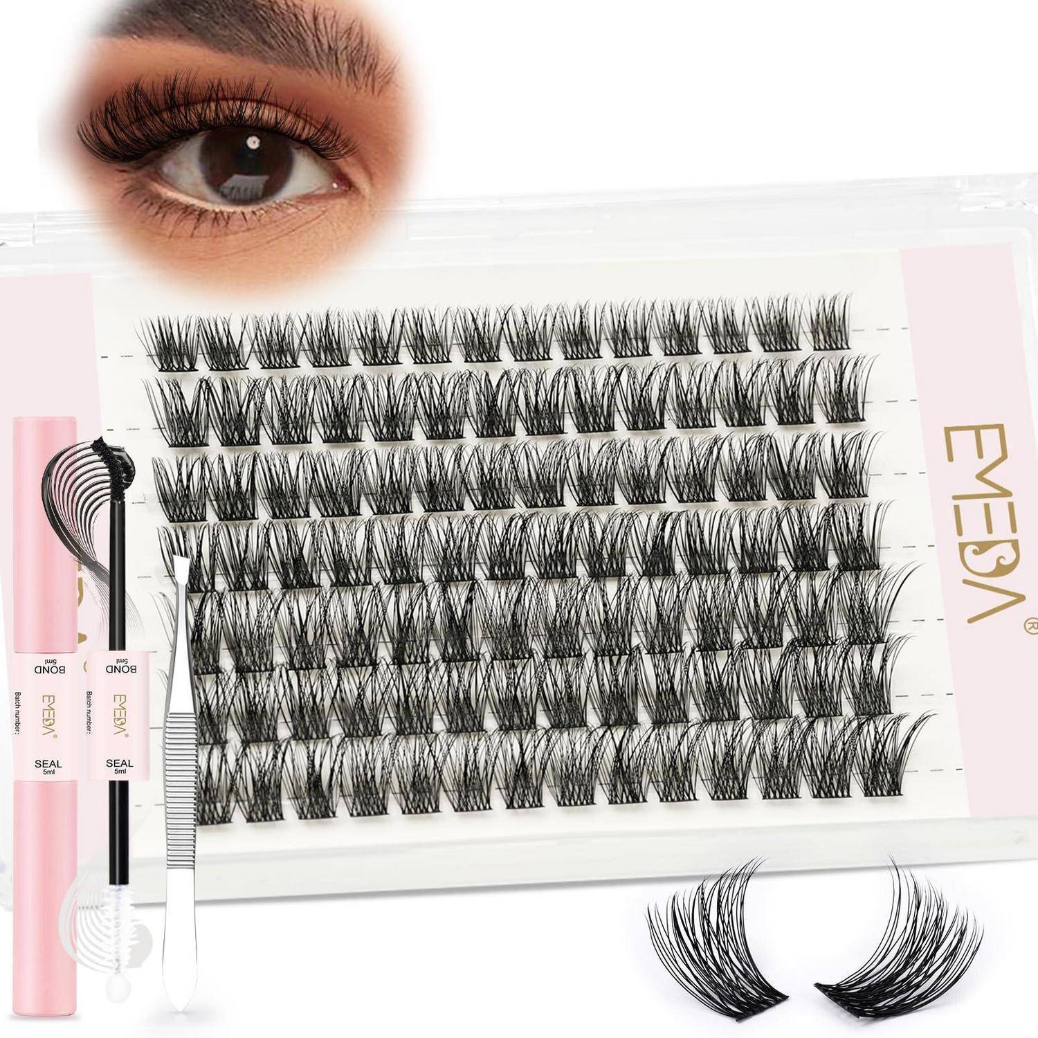 Falscher Wimpernset mit vielen Wimpernbüscheln auf einem Tablett, Applikator-Werkzeuge und eine Nahaufnahme des Auges, die den Stileffekt zeigt; „EYESA