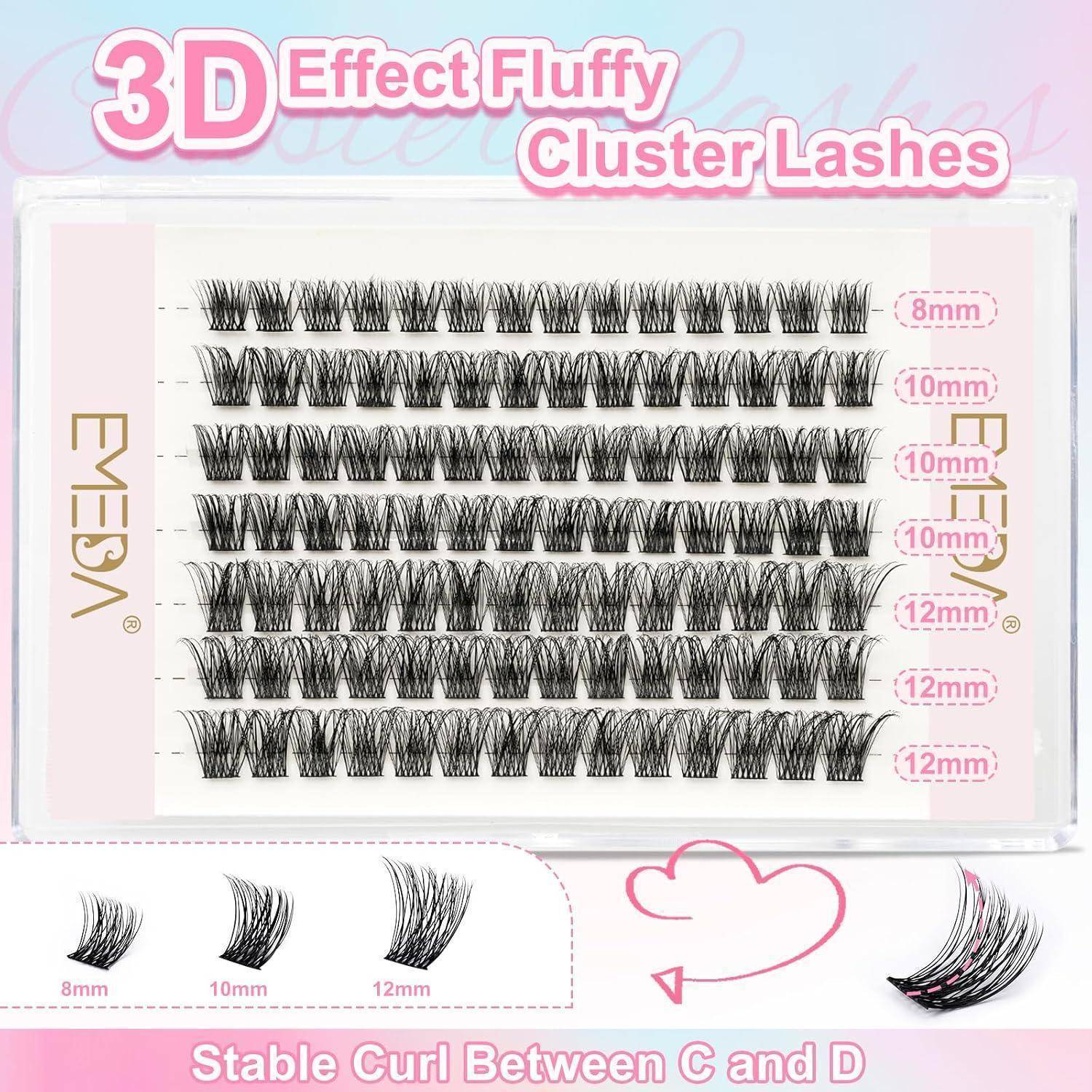 Paket mit 3D-Effekt flauschigen Cluster-Wimpern mit Wimpernreihen gekennzeichnet als 8mm, 10mm und 12mm und dem Text 