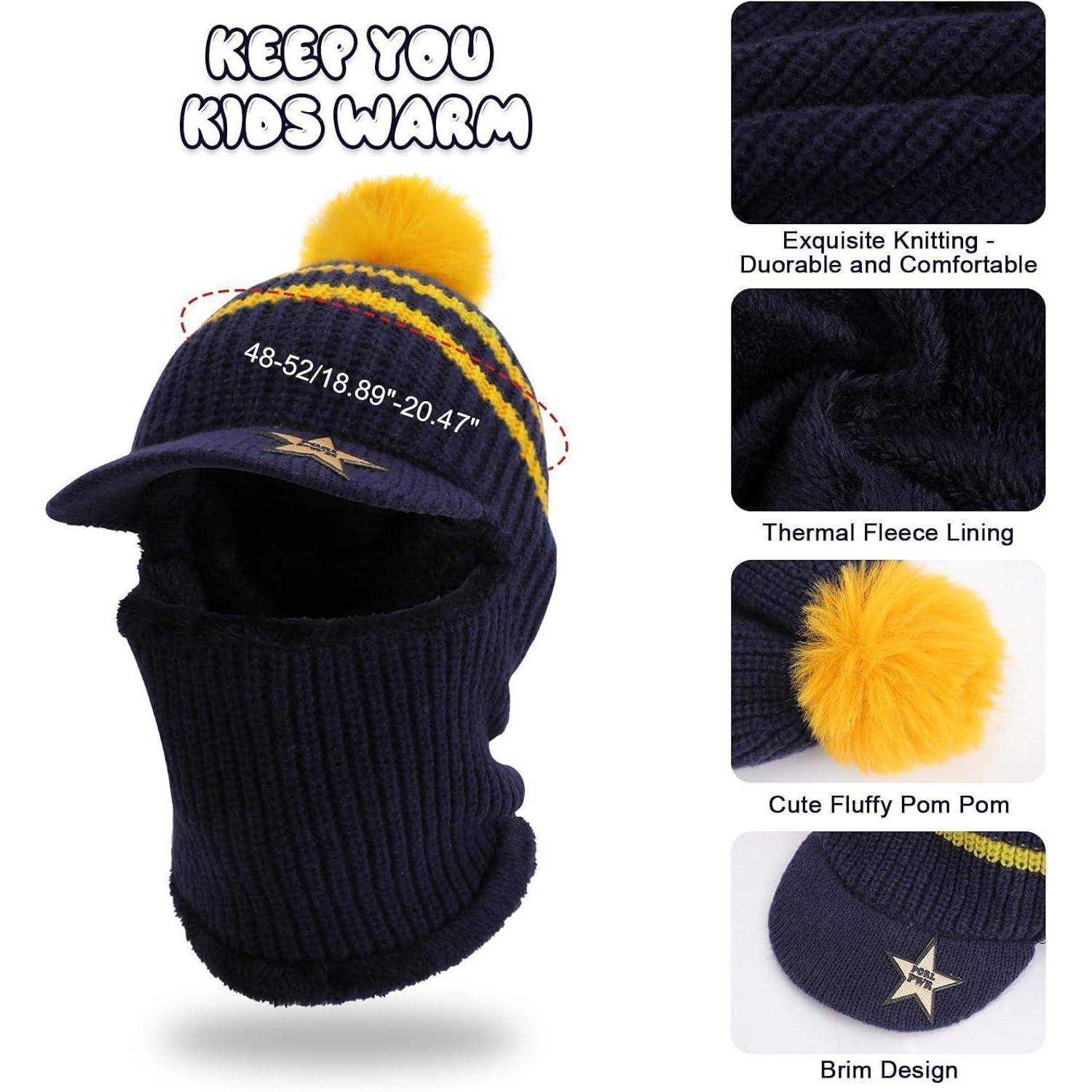 Wintermütze für Kinder mit Gesichtsschutz, Bommel und Krempe; gekennzeichnet mit „KEEP YOU KIDS WARM