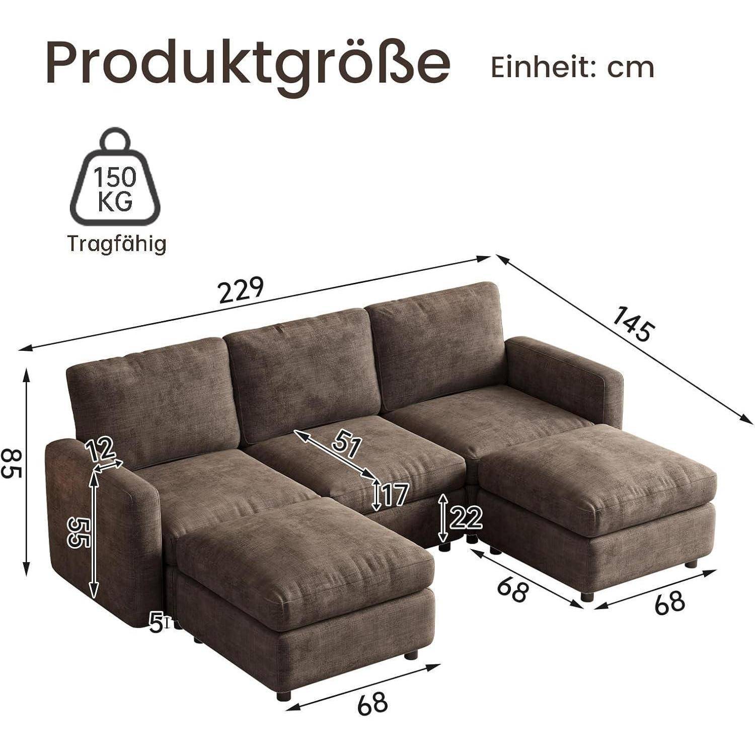 Braunes L-förmiges Ecksofa mit Recamiere; Produktgröße in cm: 229 breit, 145 tief, 58 hoch, 150 kg Tragfähigkeit.